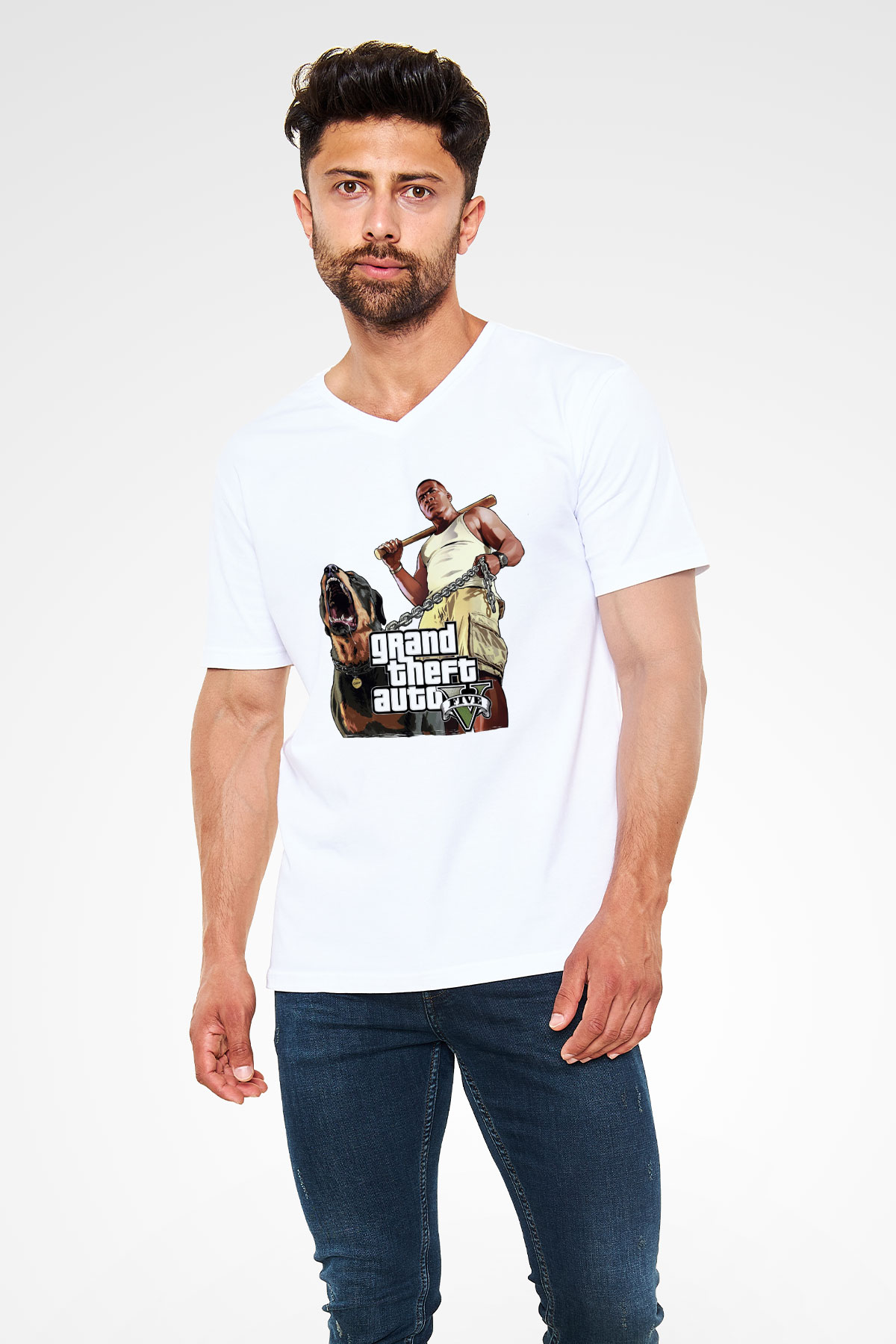 Grand Theft Auto Beyaz Unisex V Yaka Tişört