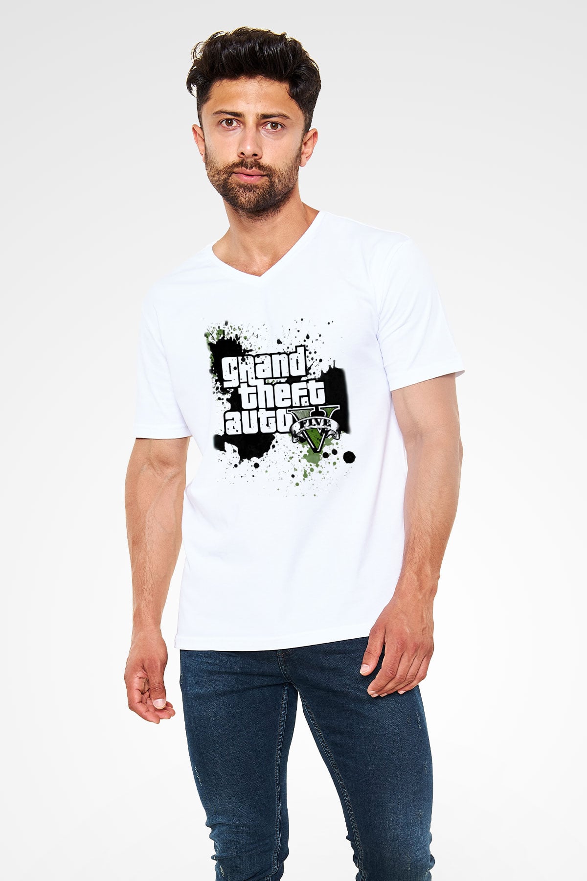 Grand Theft Auto Beyaz Unisex V Yaka Tişört T-Shirt