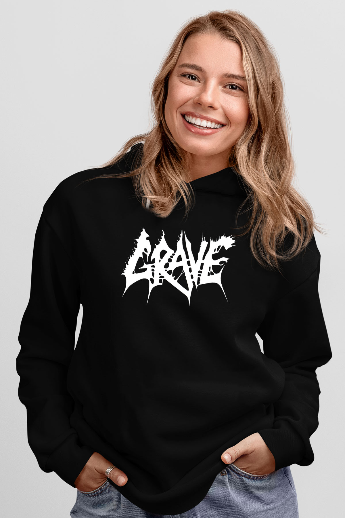 Grave Baskılı Unisex Siyah Kapüşonlu Sweatshirt