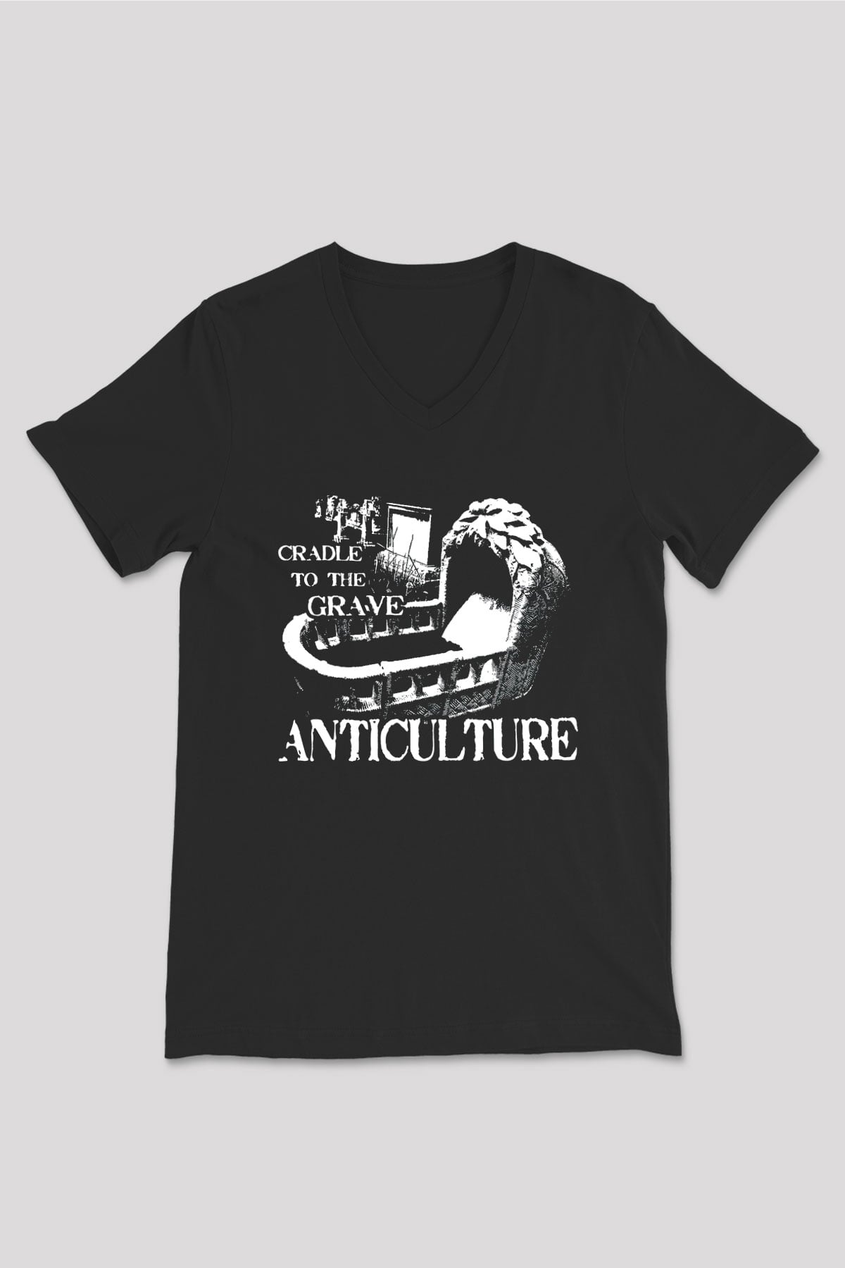 Grave Baskılı Unisex Siyah V Yaka Tişört - Tshirt