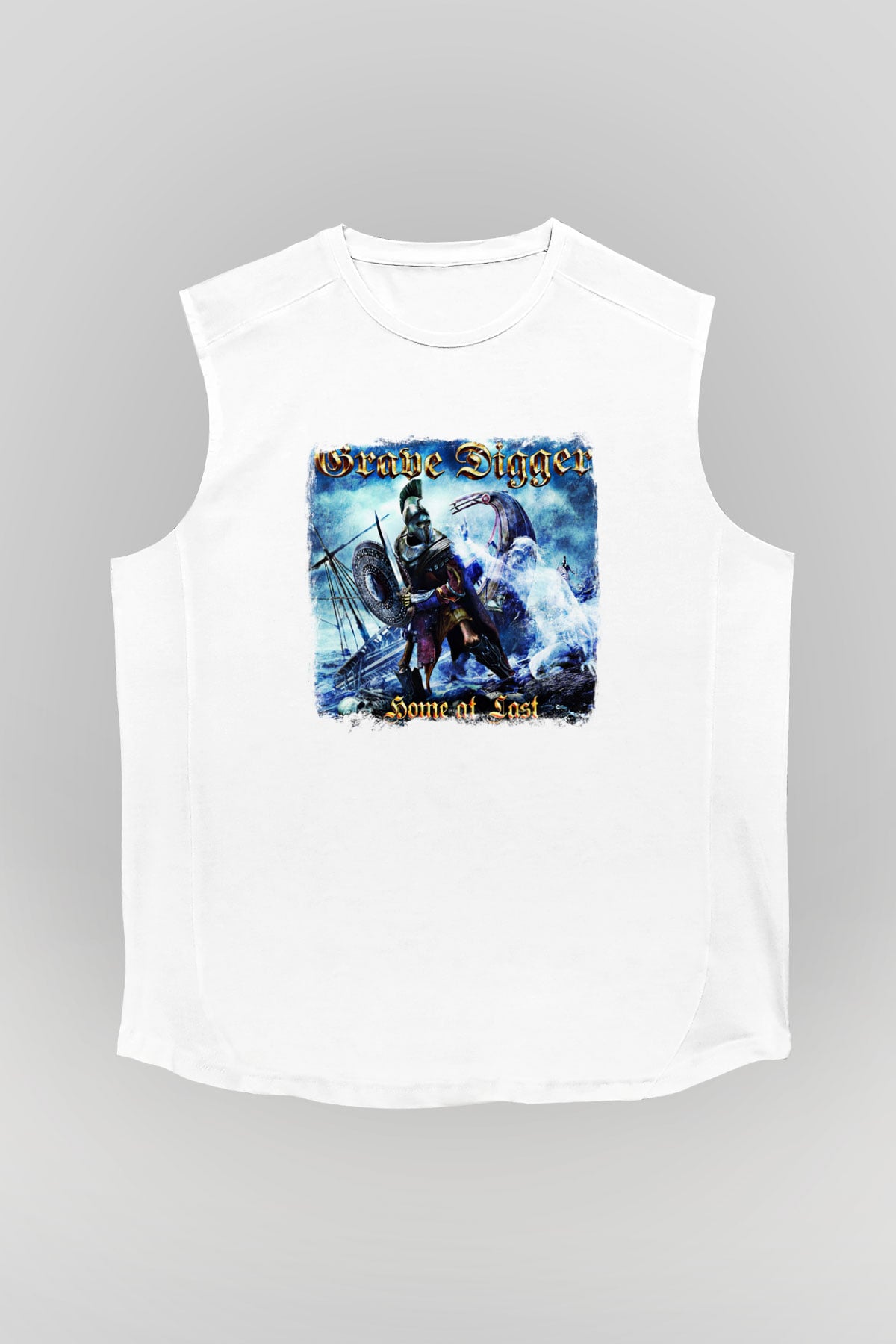 Grave Digger Baskılı Unisex Beyaz Kolsuz Tişört