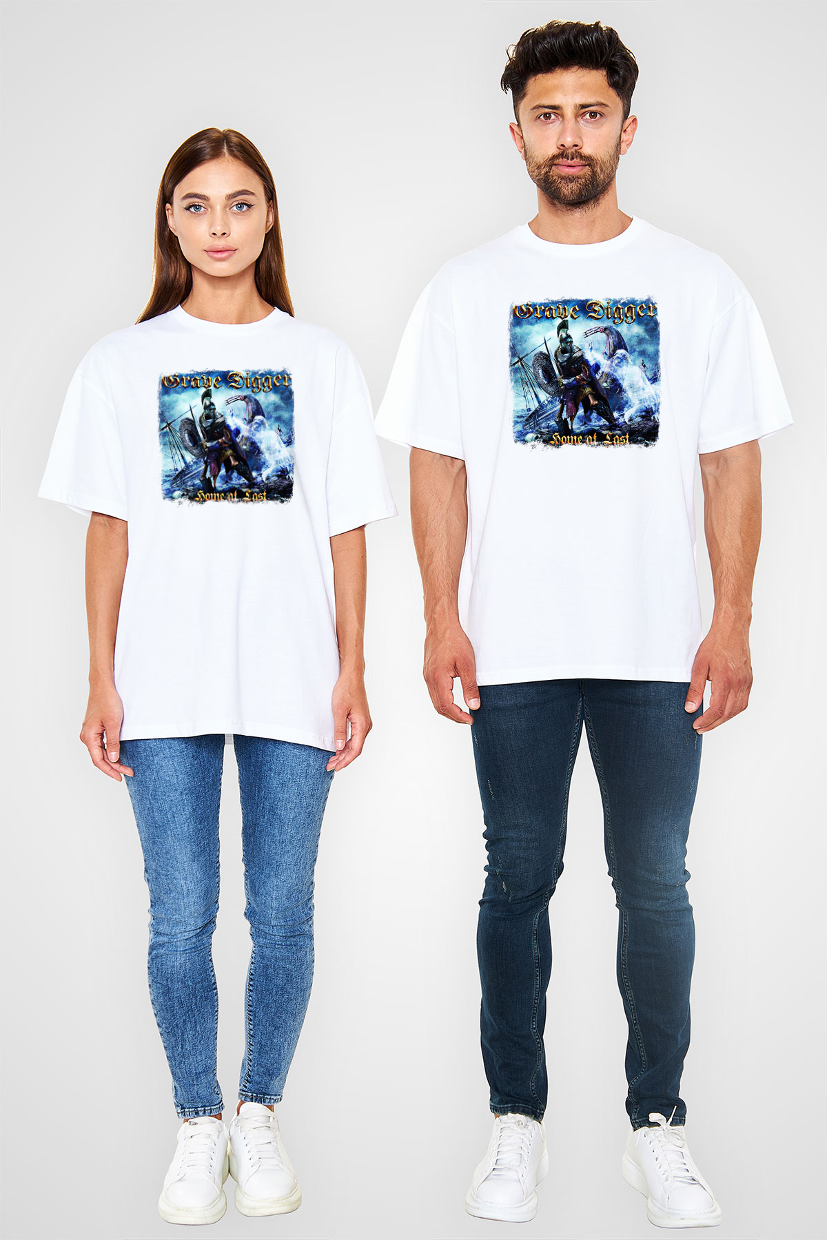 Grave Digger Baskılı Unisex Beyaz Oversize Tişört