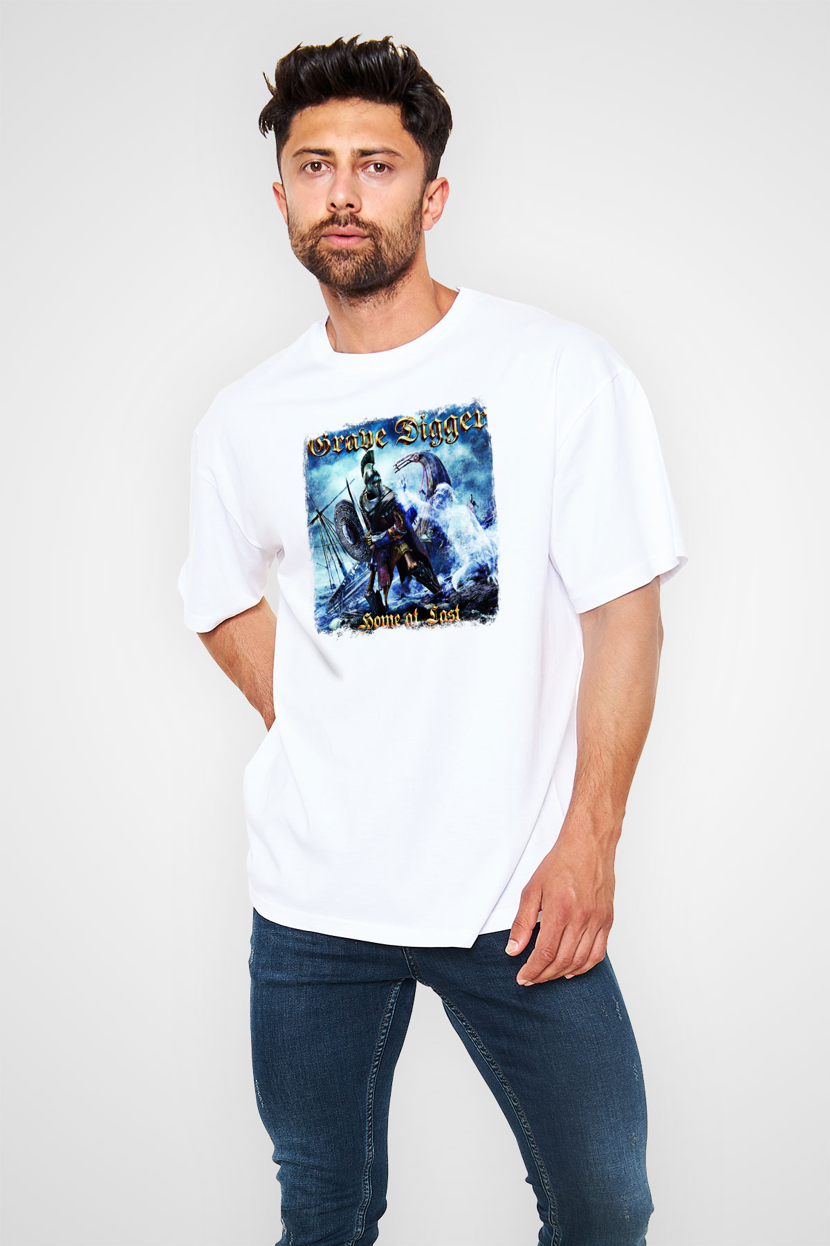 Grave Digger Baskılı Unisex Beyaz Oversize Tişört