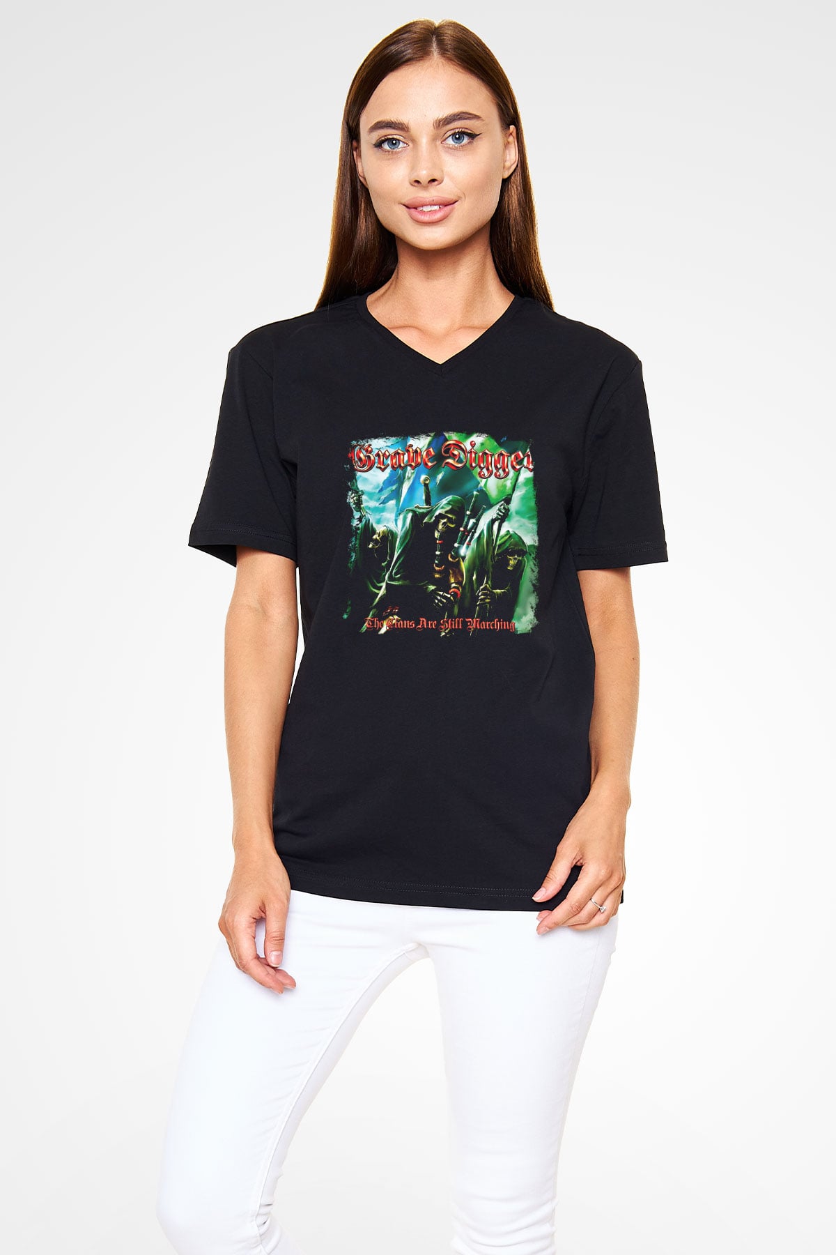 Grave Digger Baskılı Unisex Siyah V Yaka Tişört