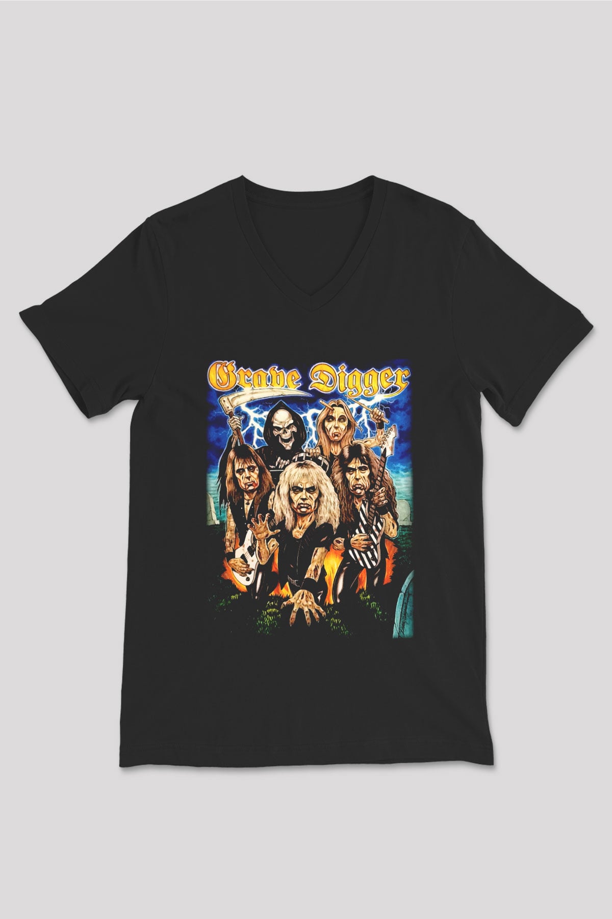 Grave Digger Siyah Unisex V Yaka Tişört T-Shirt