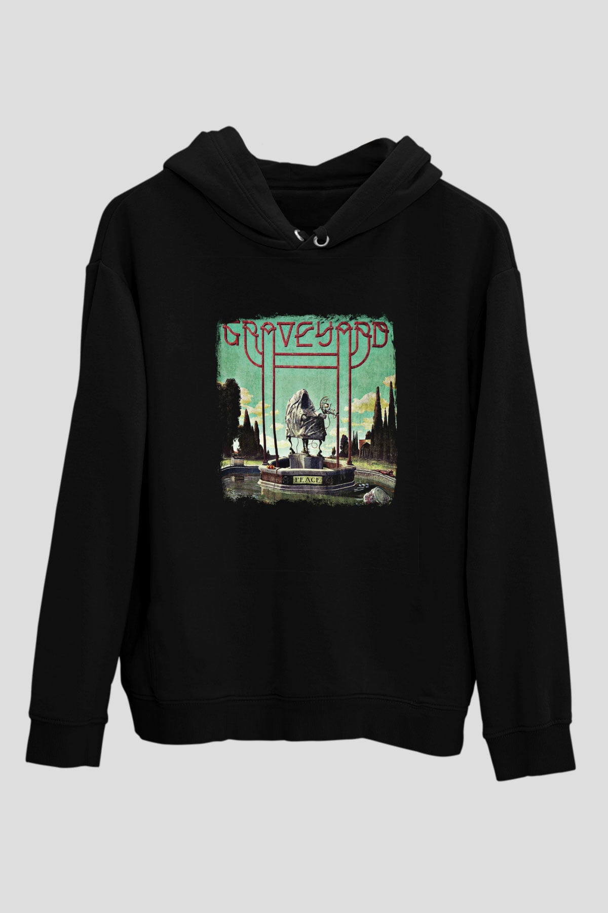 Graveyard Baskılı Unisex Siyah Hoodie