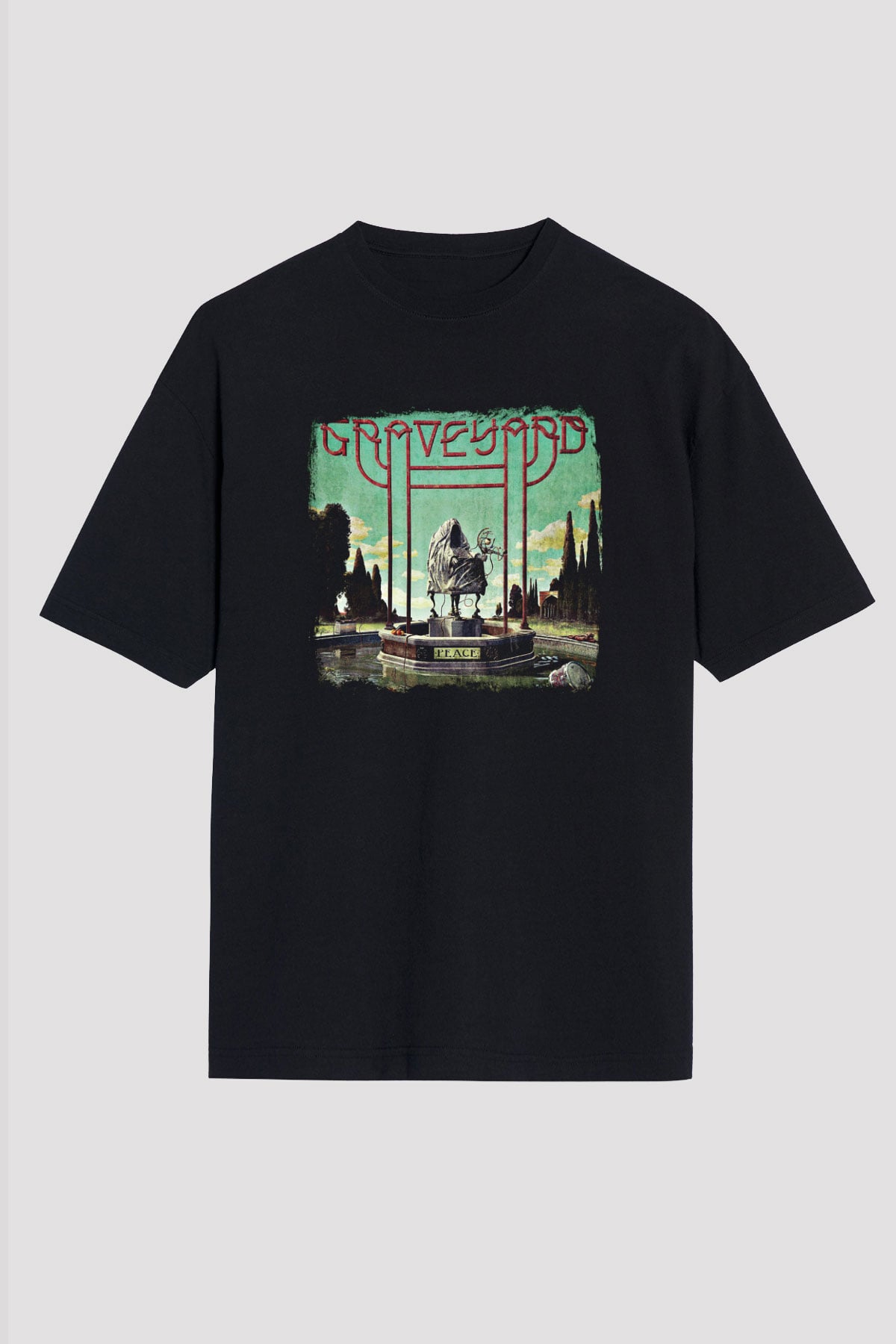 Graveyard Baskılı Unisex Siyah Oversize Tişört