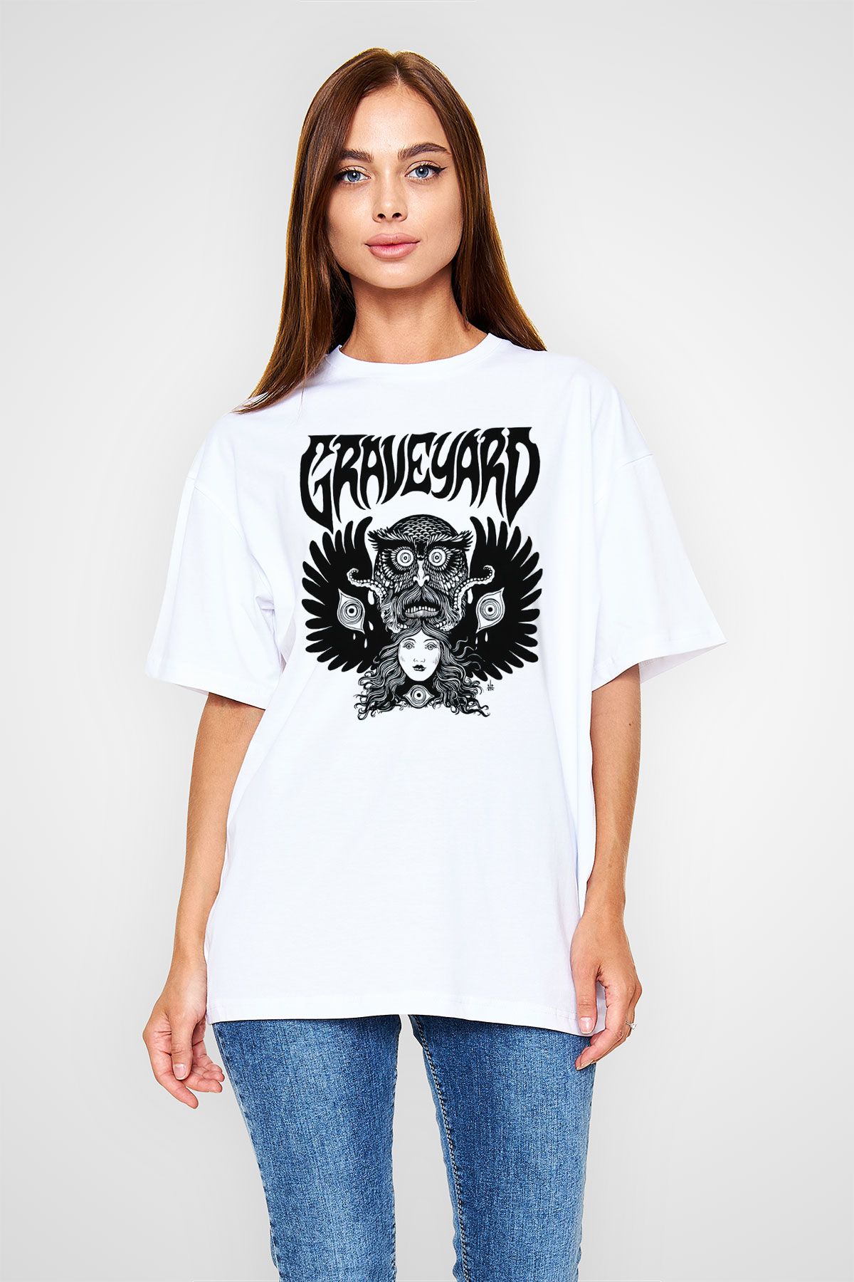 Graveyard Beyaz Unisex Oversize Tişört T-Shirt
