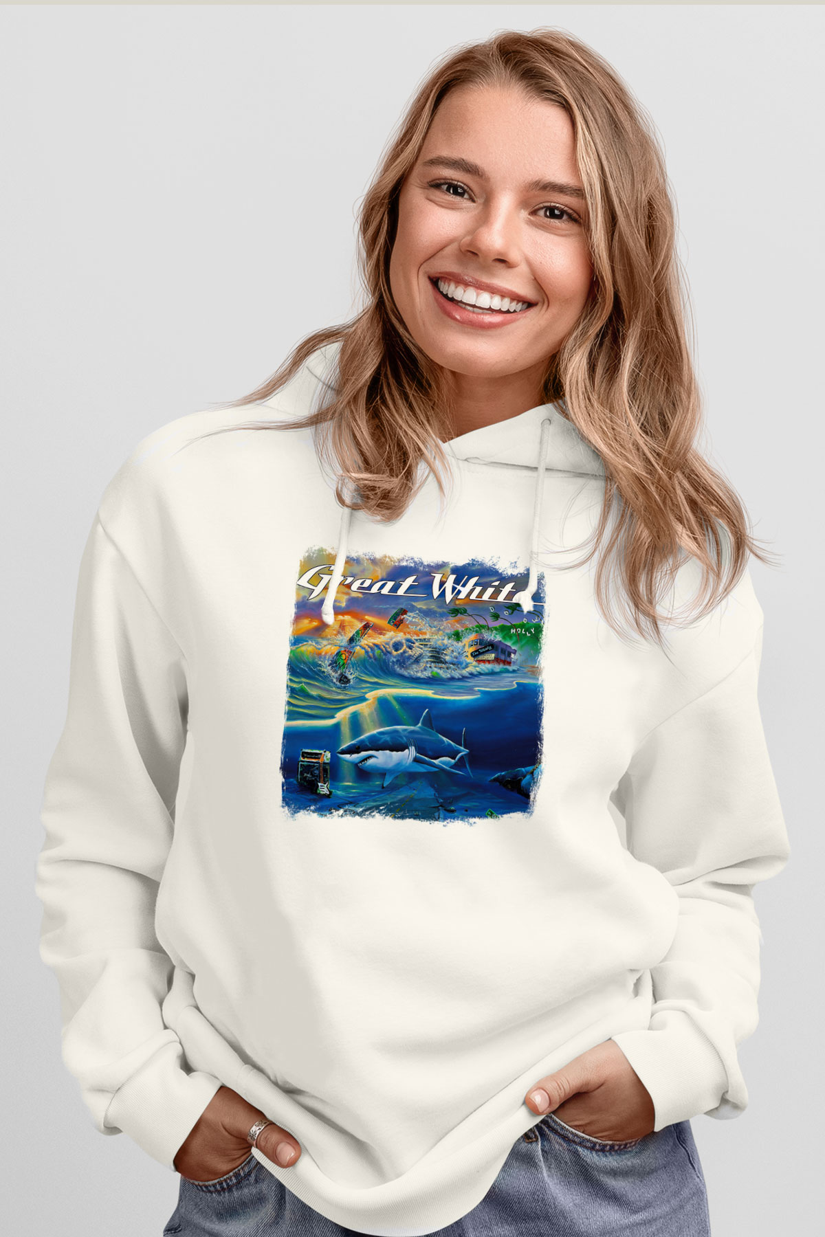 Great White Baskılı Unisex Beyaz Hoodie