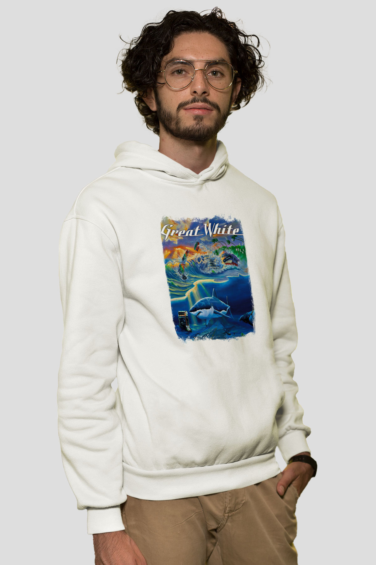 Great White Baskılı Unisex Beyaz Hoodie
