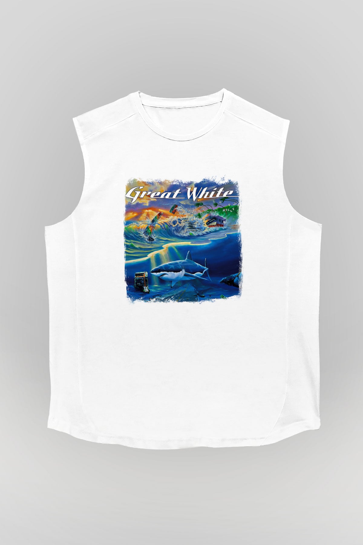 Great White Baskılı Unisex Beyaz Kolsuz Tişört