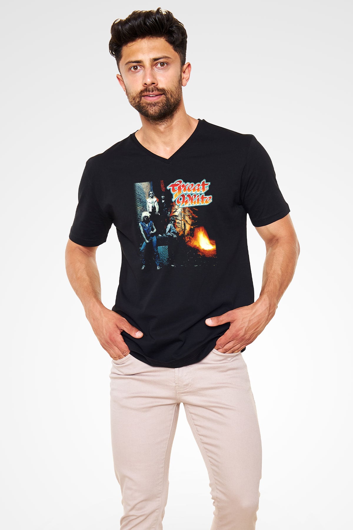 Great White Siyah Unisex V Yaka Tişört T-Shirt