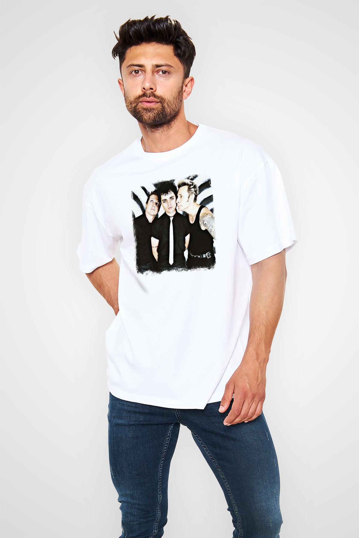 Green Day Baskılı Unisex Beyaz Oversize Tişört