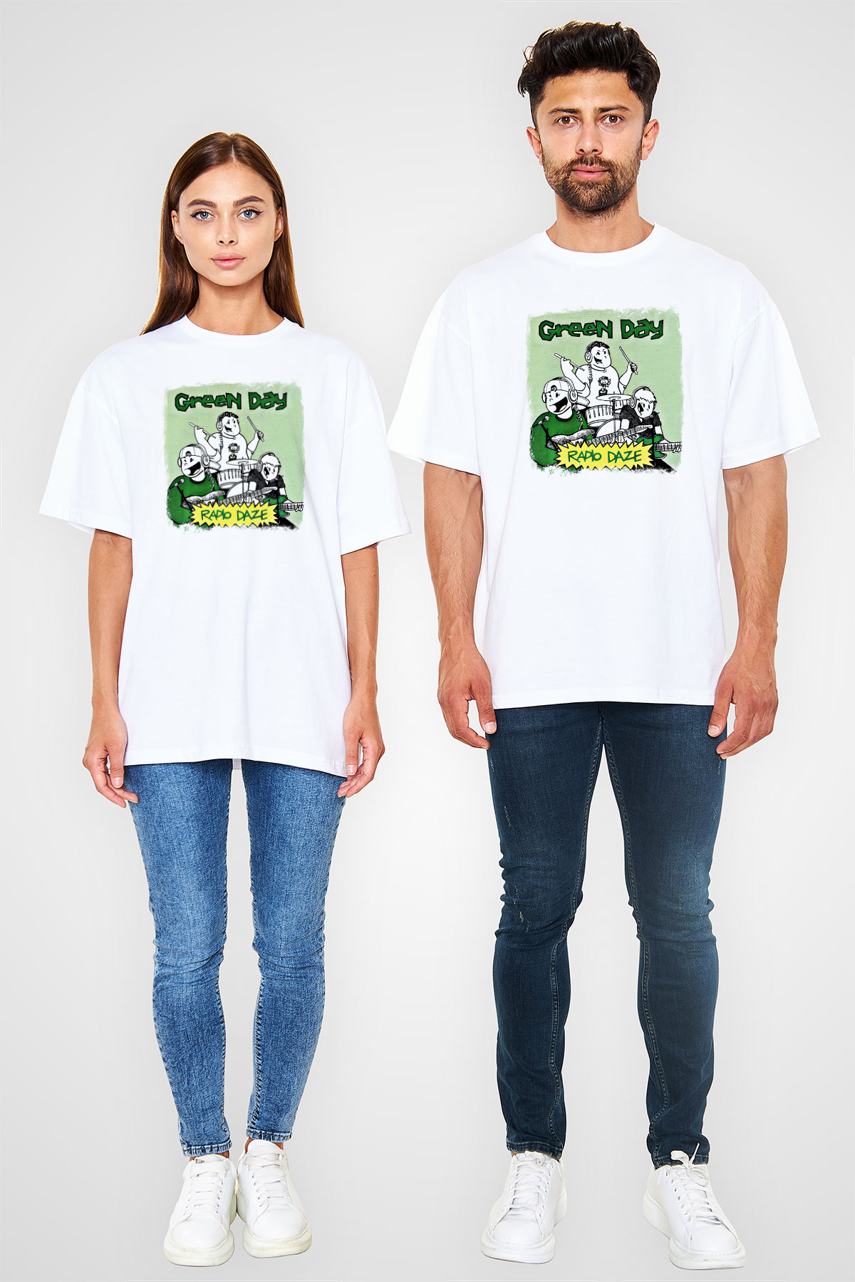 Green Day Baskılı Unisex Beyaz Oversize Tişört