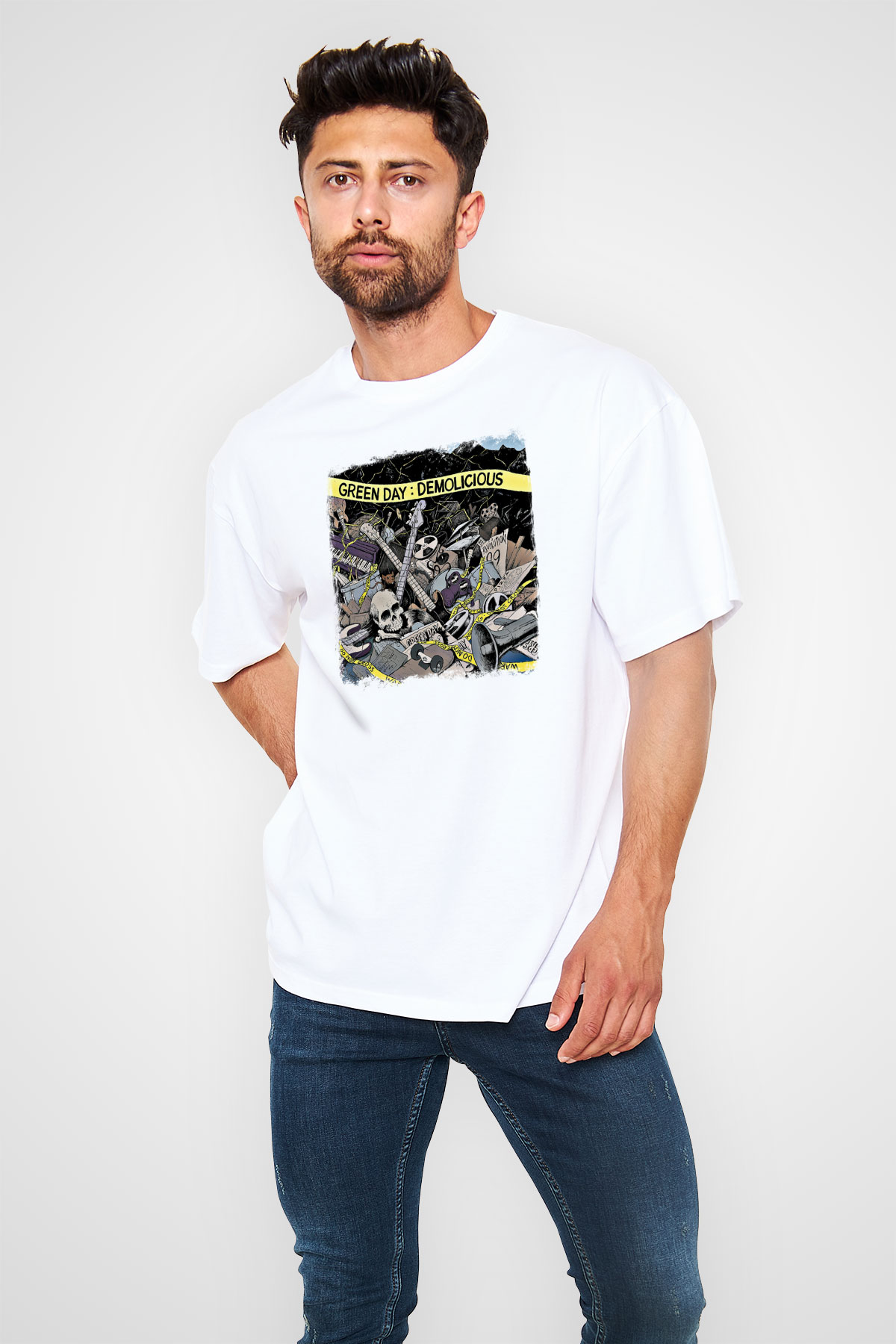 Green Day Baskılı Unisex Beyaz Oversize Tişört