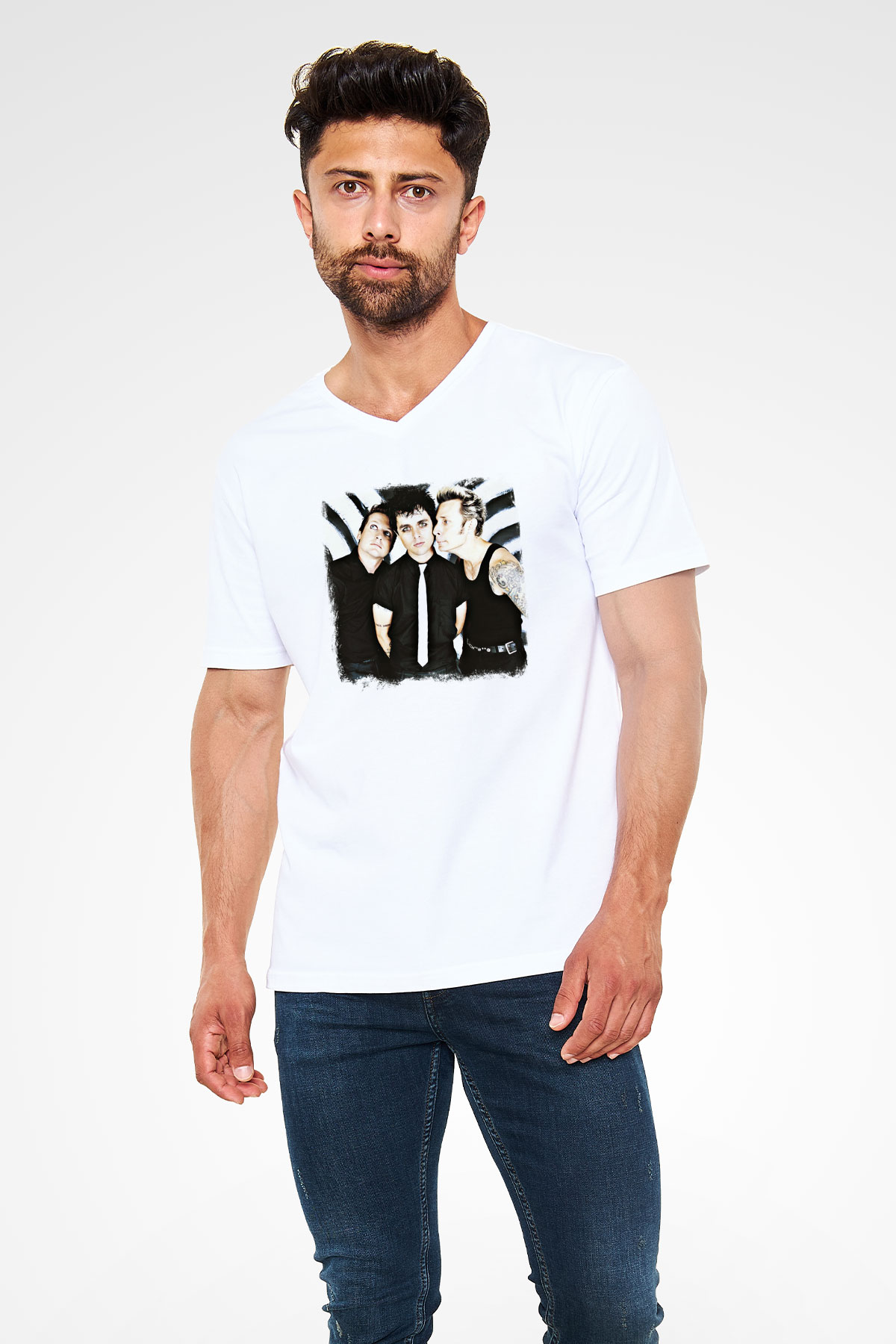 Green Day Baskılı Unisex Beyaz V Yaka Tişört