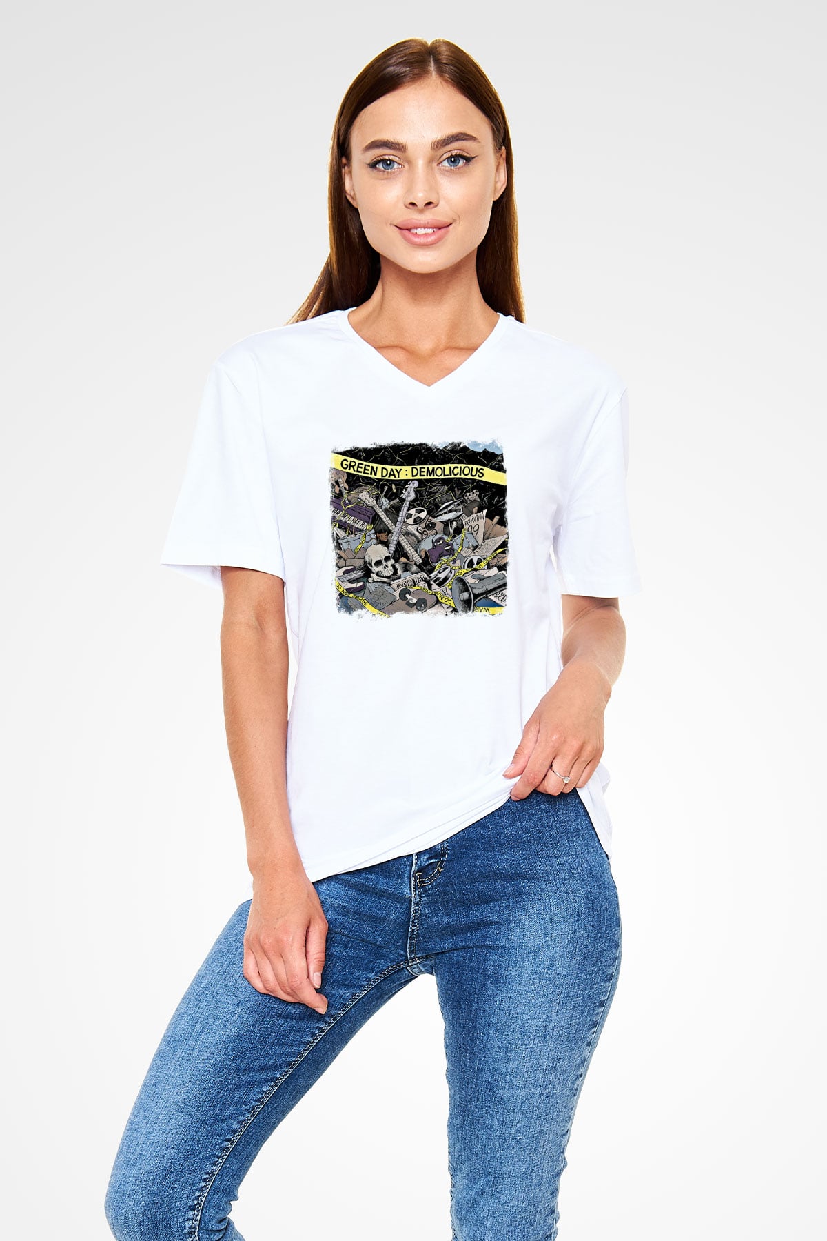 Green Day Baskılı Unisex Beyaz V Yaka Tişört