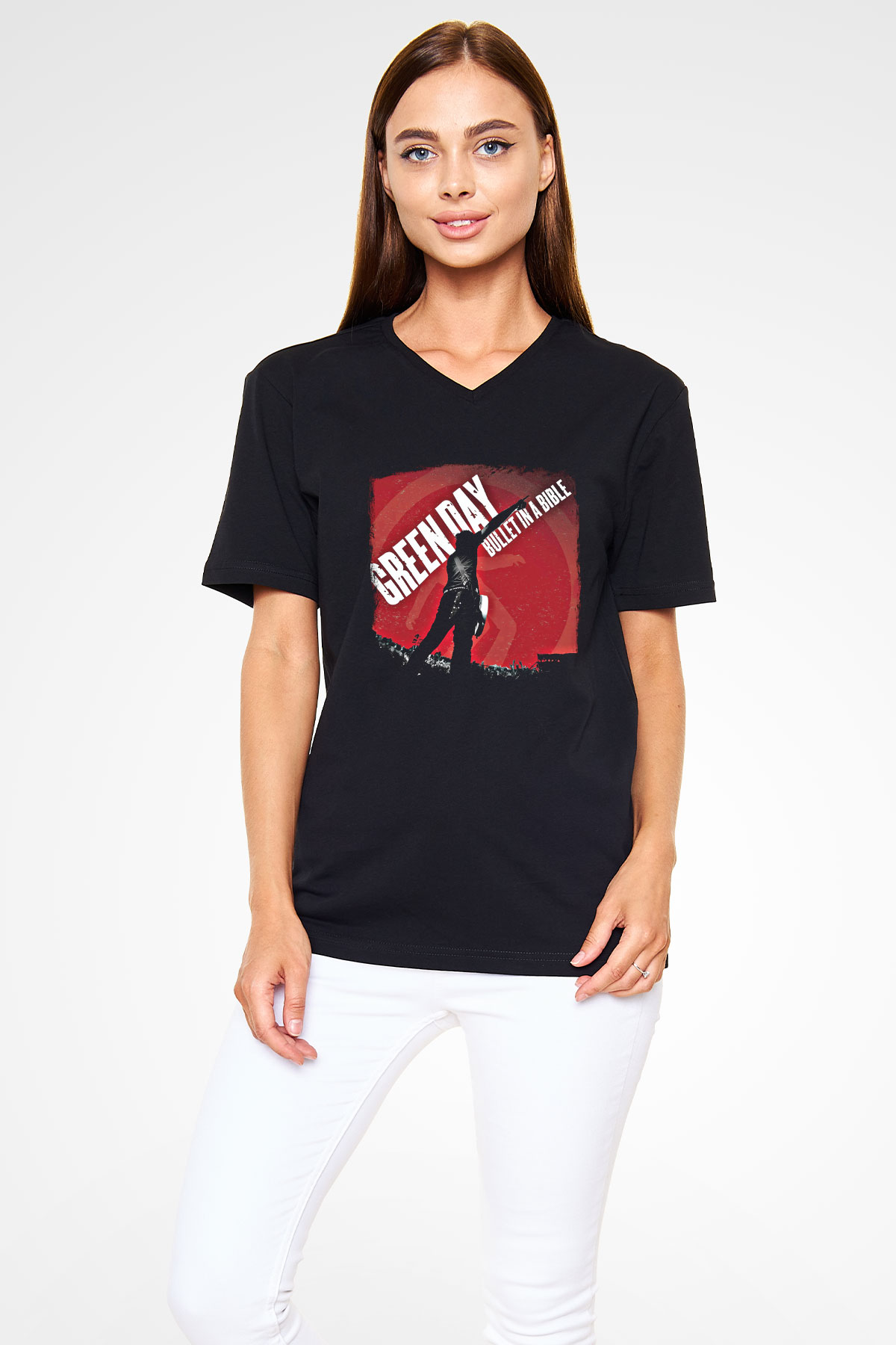 Green Day Baskılı Unisex Siyah V Yaka Tişört