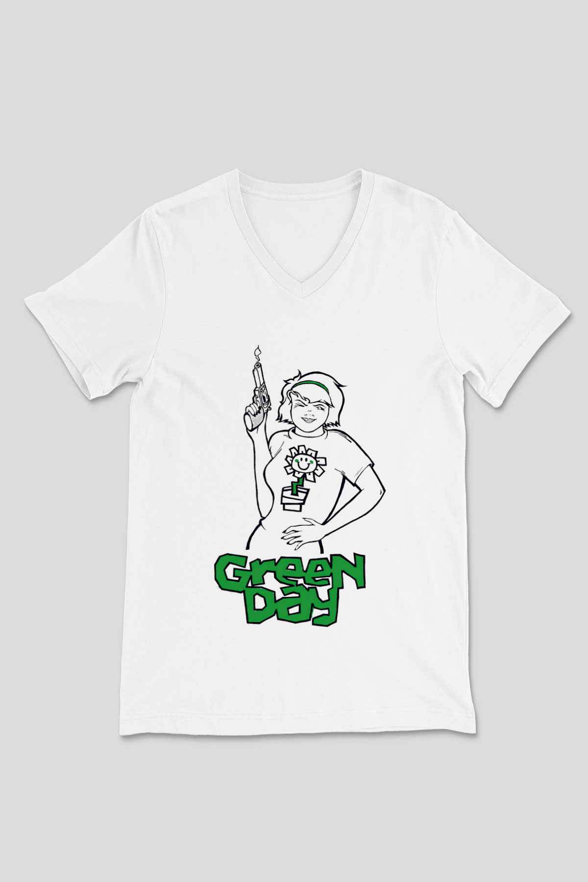 Green Day Beyaz Unisex V Yaka Tişört T-Shirt