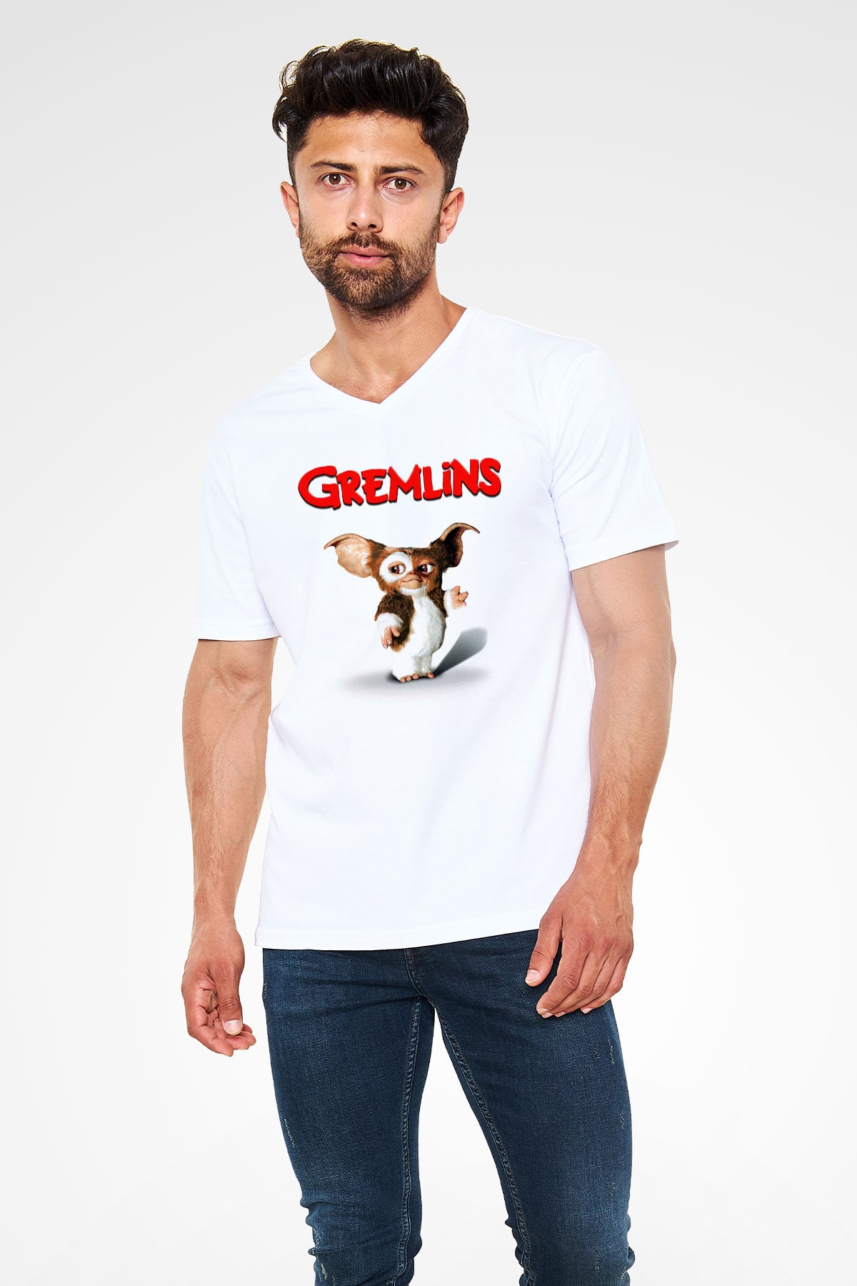 Gremlins Beyaz Unisex V Yaka Tişört T-Shirt