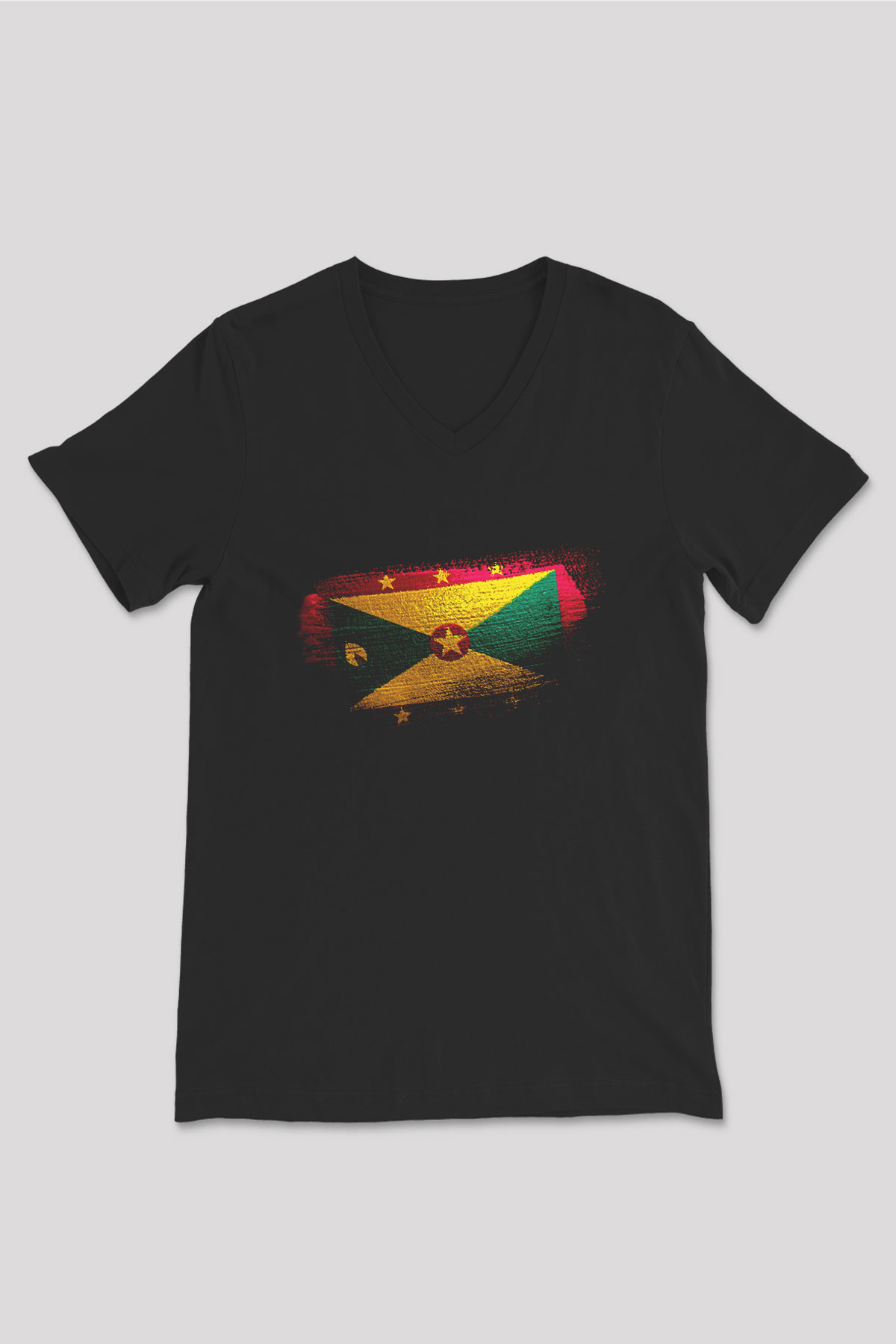 Grenada Bayrağı Baskılı Unisex Siyah V Yaka Tişört
