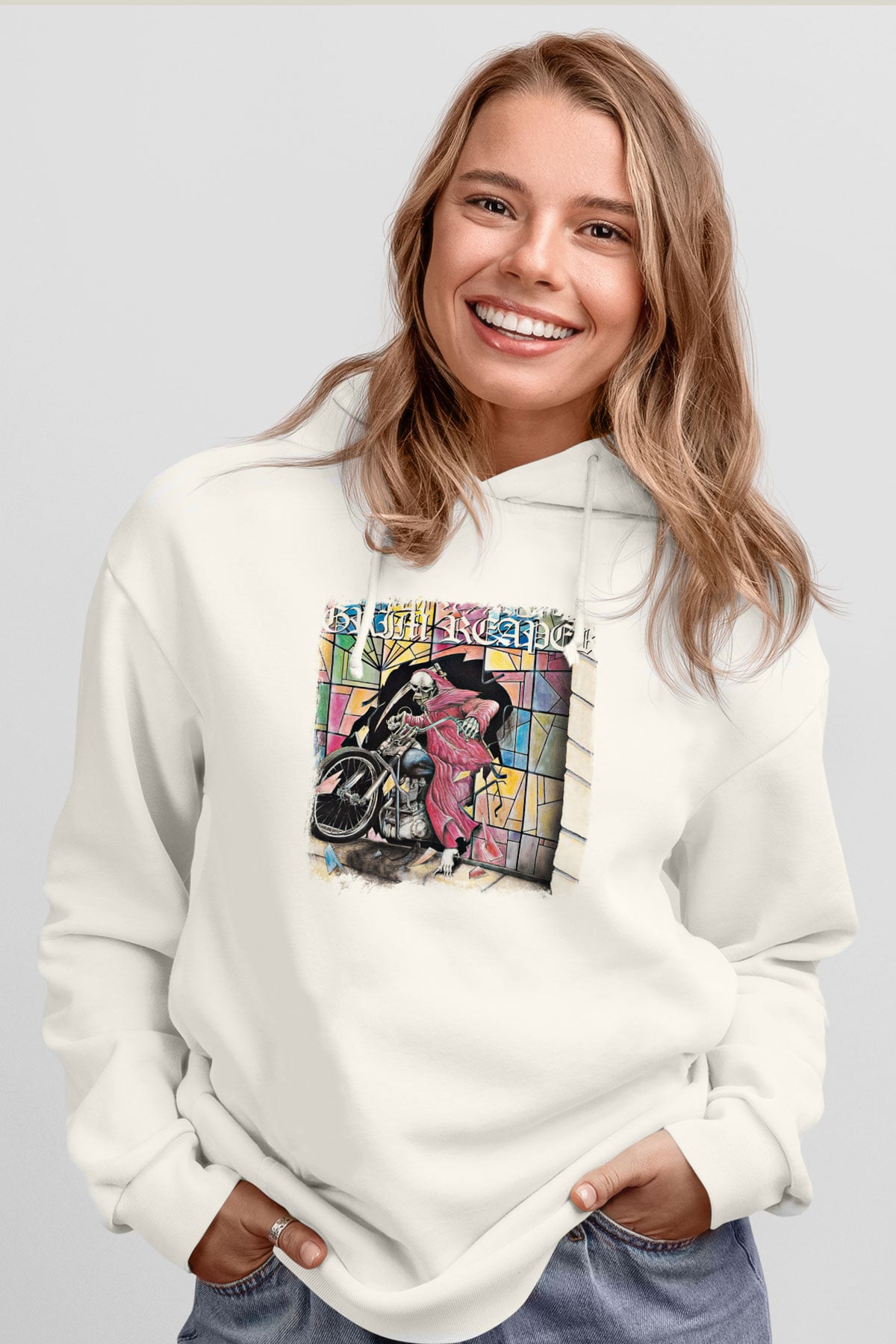 Grim Reaper Baskılı Unisex Beyaz Hoodie