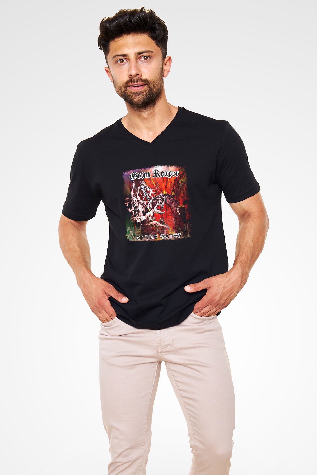 Grim Reaper Baskılı Unisex Siyah V Yaka Tişört