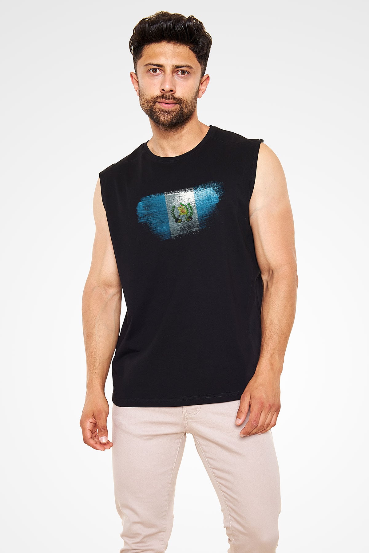 Guatemala Bayrağı Baskılı Unisex Siyah Kolsuz Tişört