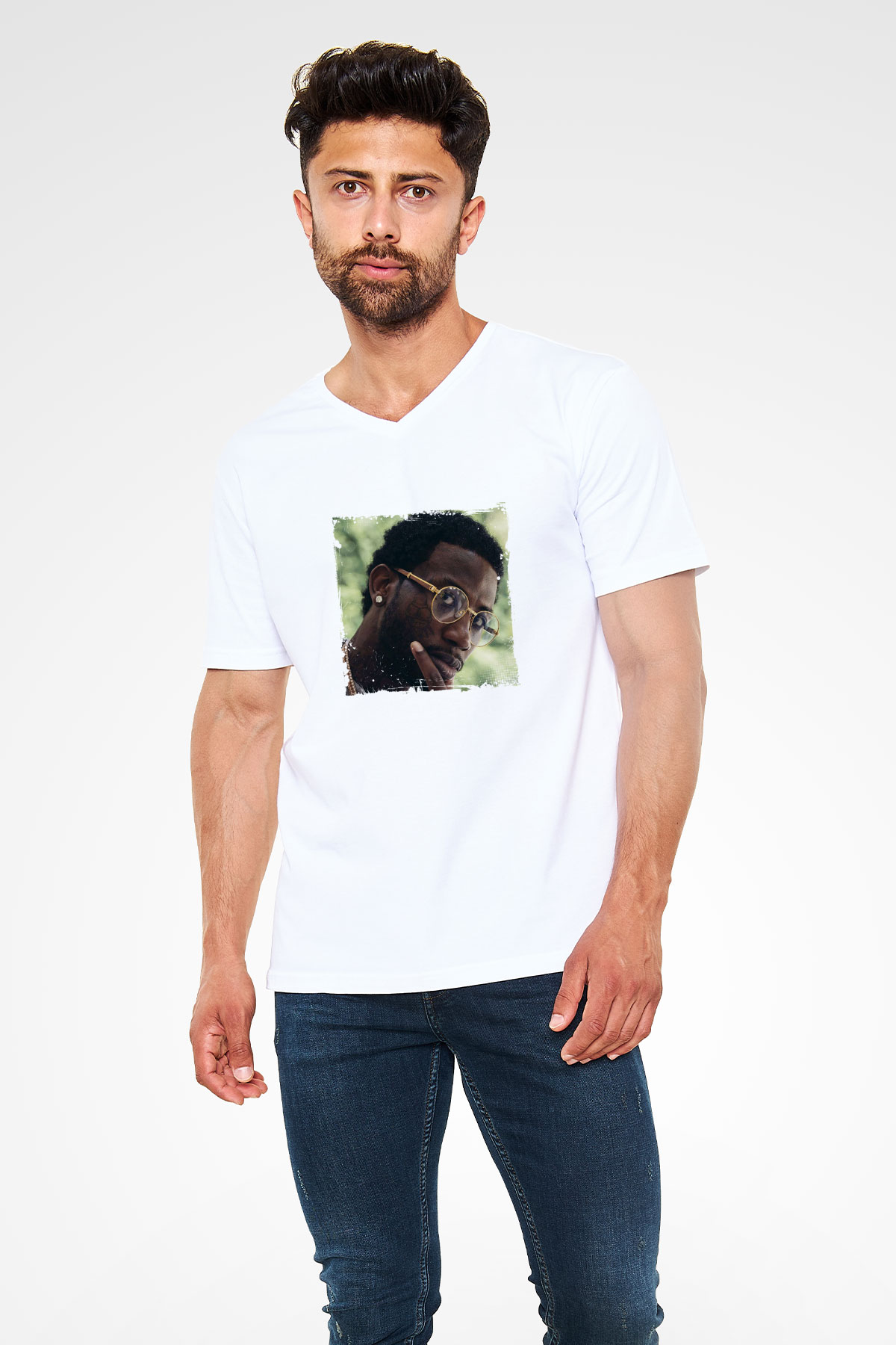Gucci Mane Baskılı Beyaz V Yaka Unisex Tişört