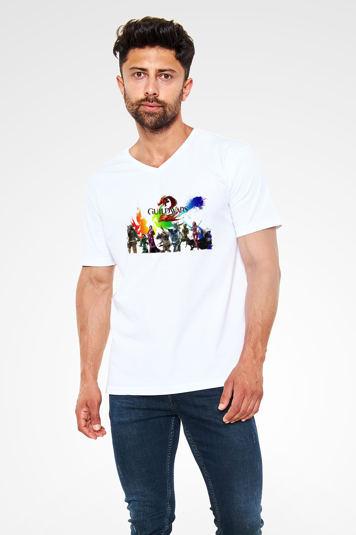 Guild Wars Beyaz Unisex V Yaka Tişört