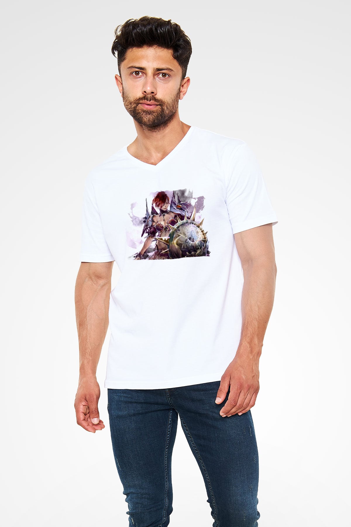 Guild Wars Beyaz Unisex V Yaka Tişört