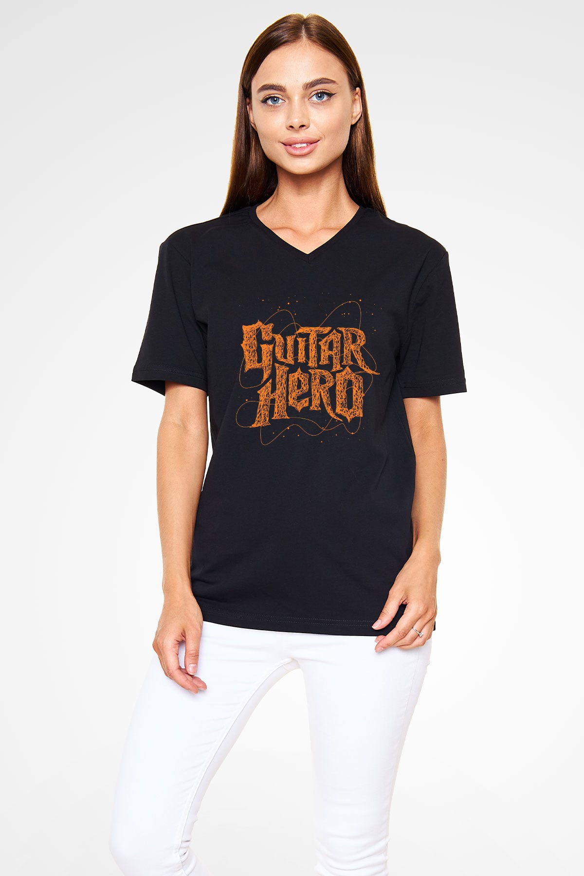 Guitar Hero Siyah Unisex V Yaka Tişört
