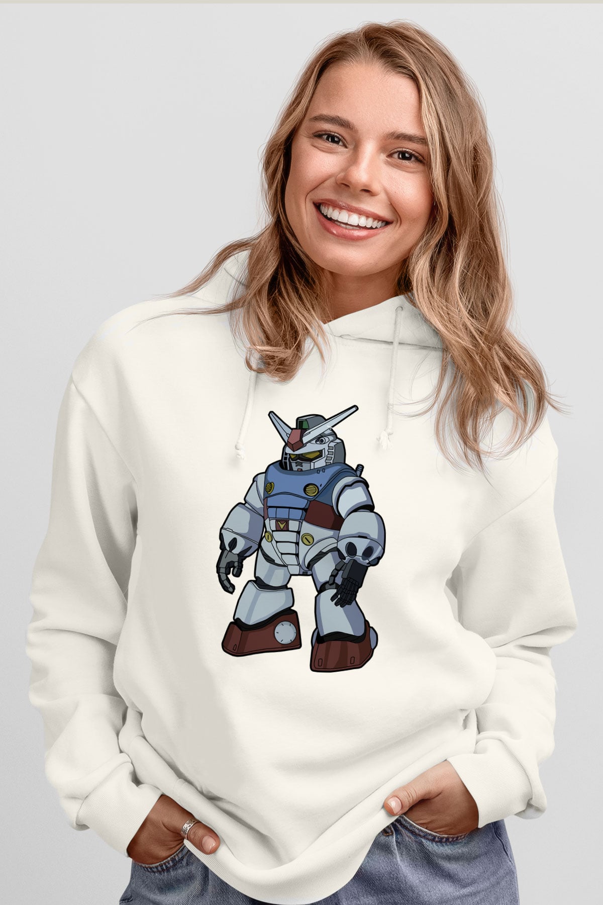 Gundam Robot Baskılı Unisex Beyaz Hoodie