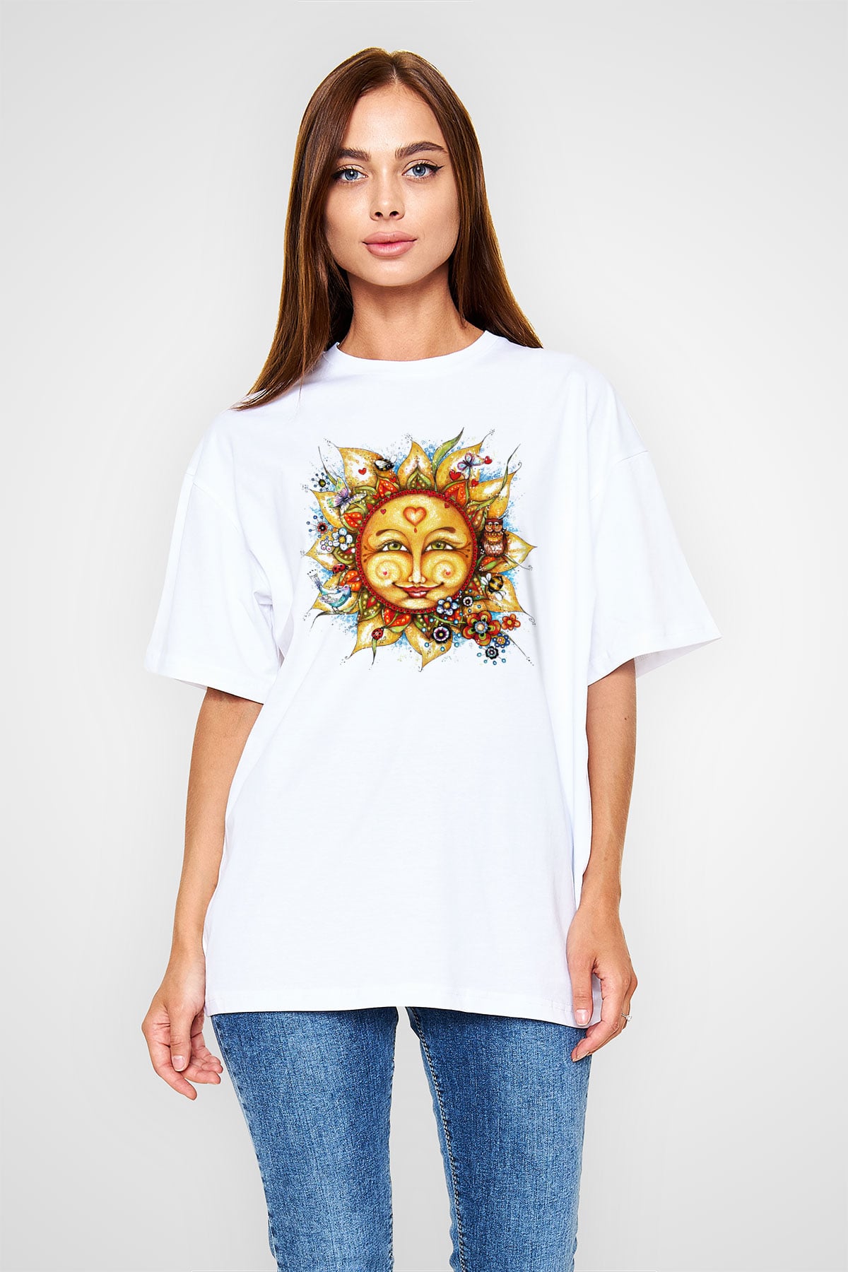 Güneş Beyaz Unisex Oversize Tişört T-Shirt