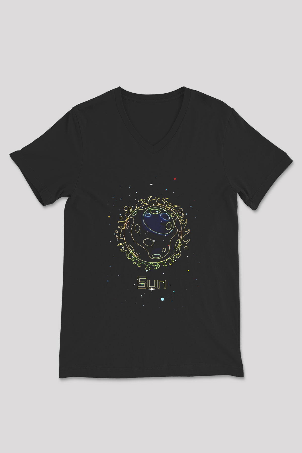 Güneş Çizim Baskılı Unisex V Yaka Siyah Tİşört - Tshirt