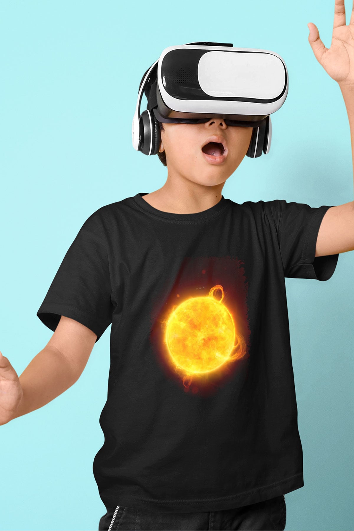 Güneş Çizim Renkli Baskılı Unisex Siyah Çocuk Tişörtü - Tshirt