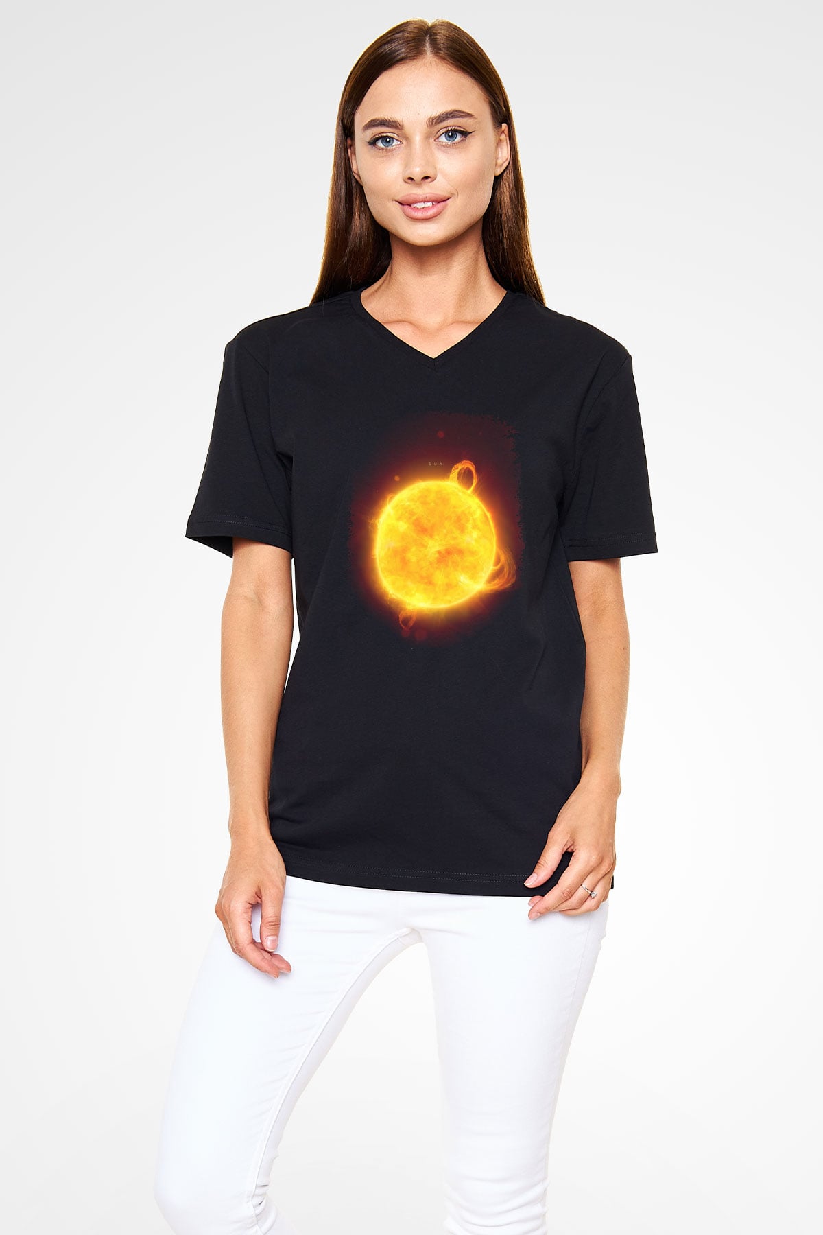 Güneş Çizim Renkli Baskılı Unisex V Yaka Siyah Tİşört - Tshirt