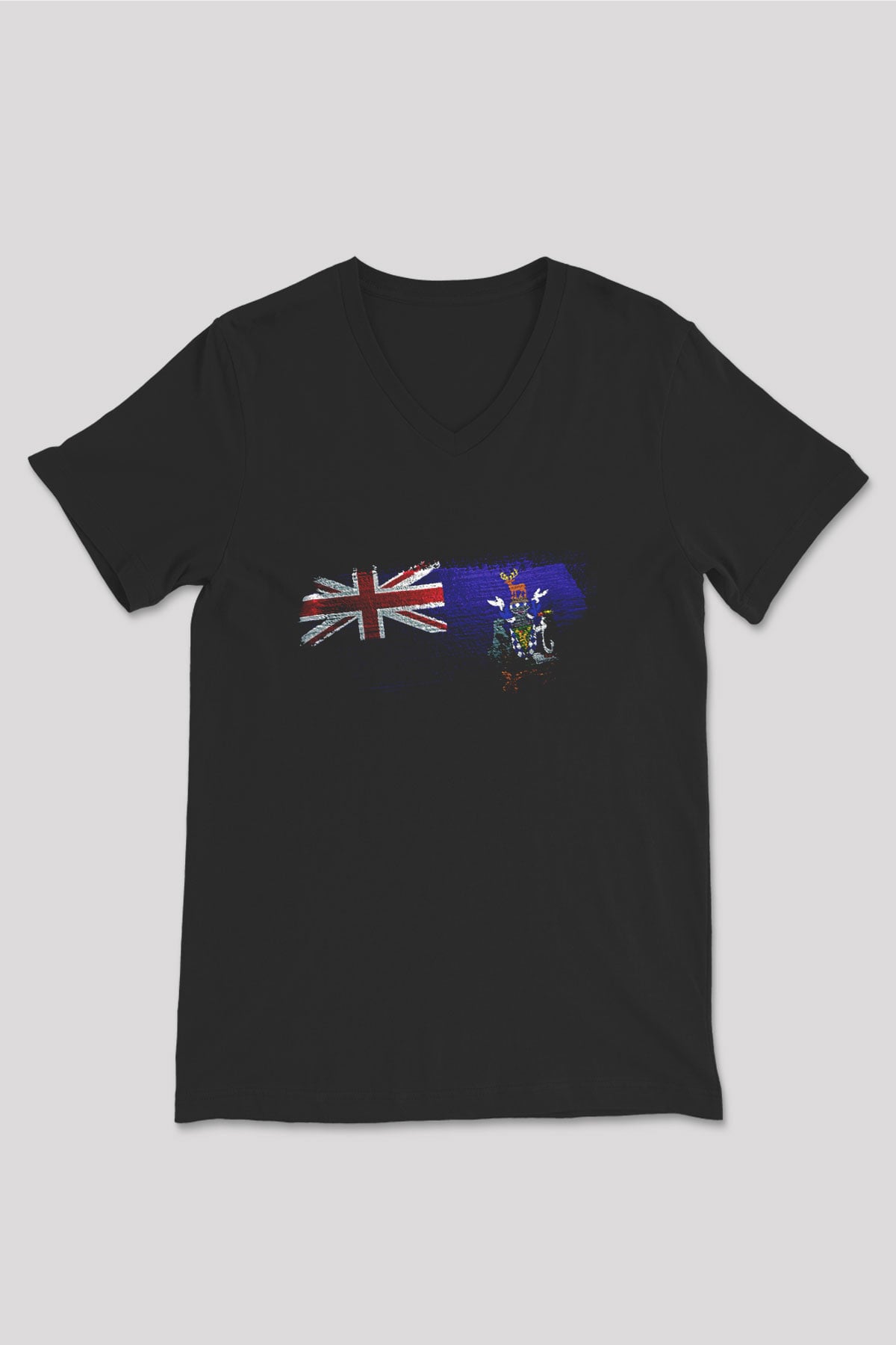 Güney Georgia - South Georgia Island Bayrağı Baskılı Unisex Siyah V Yaka Tişört