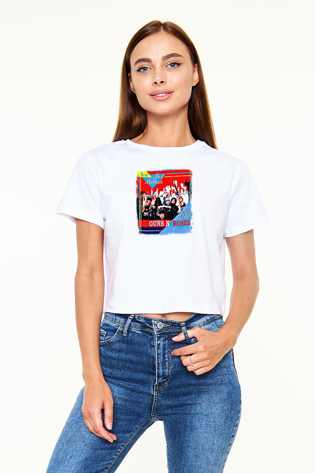 Guns N' Roses Baskılı Unisex Beyaz Crop Top Tişört
