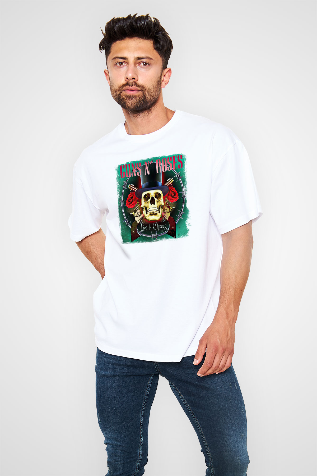 Guns N' Roses Baskılı Unisex Beyaz Oversize Tişört