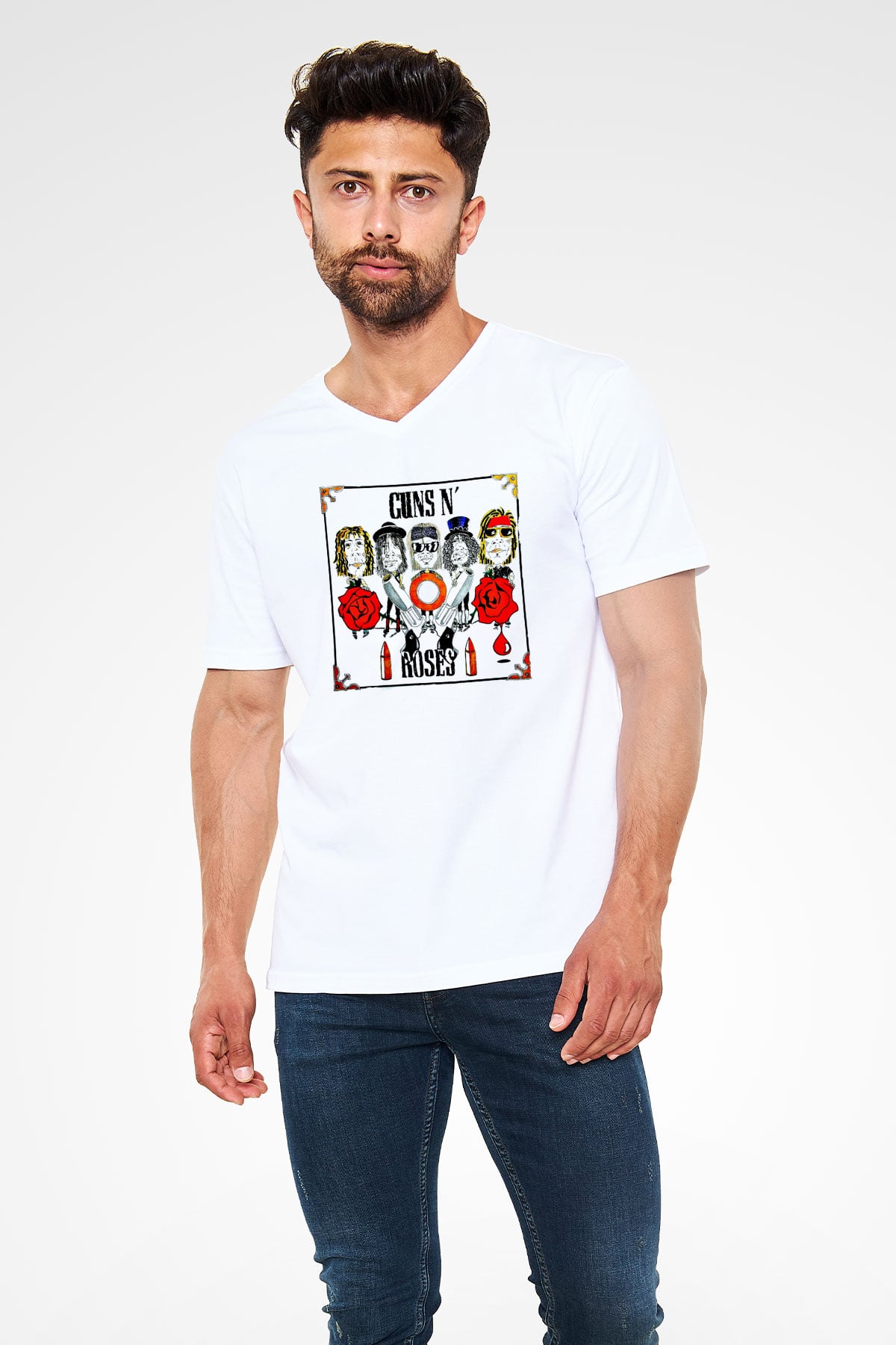 Guns N' Roses Baskılı Unisex Beyaz V Yaka Tişört
