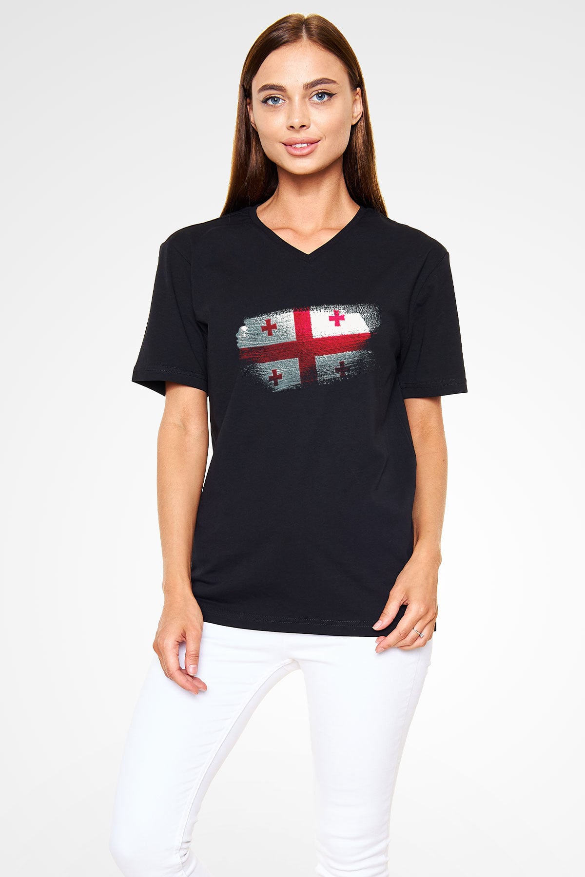 Gürcistan - Georgia Bayrağı Baskılı Unisex Siyah V Yaka Tişört