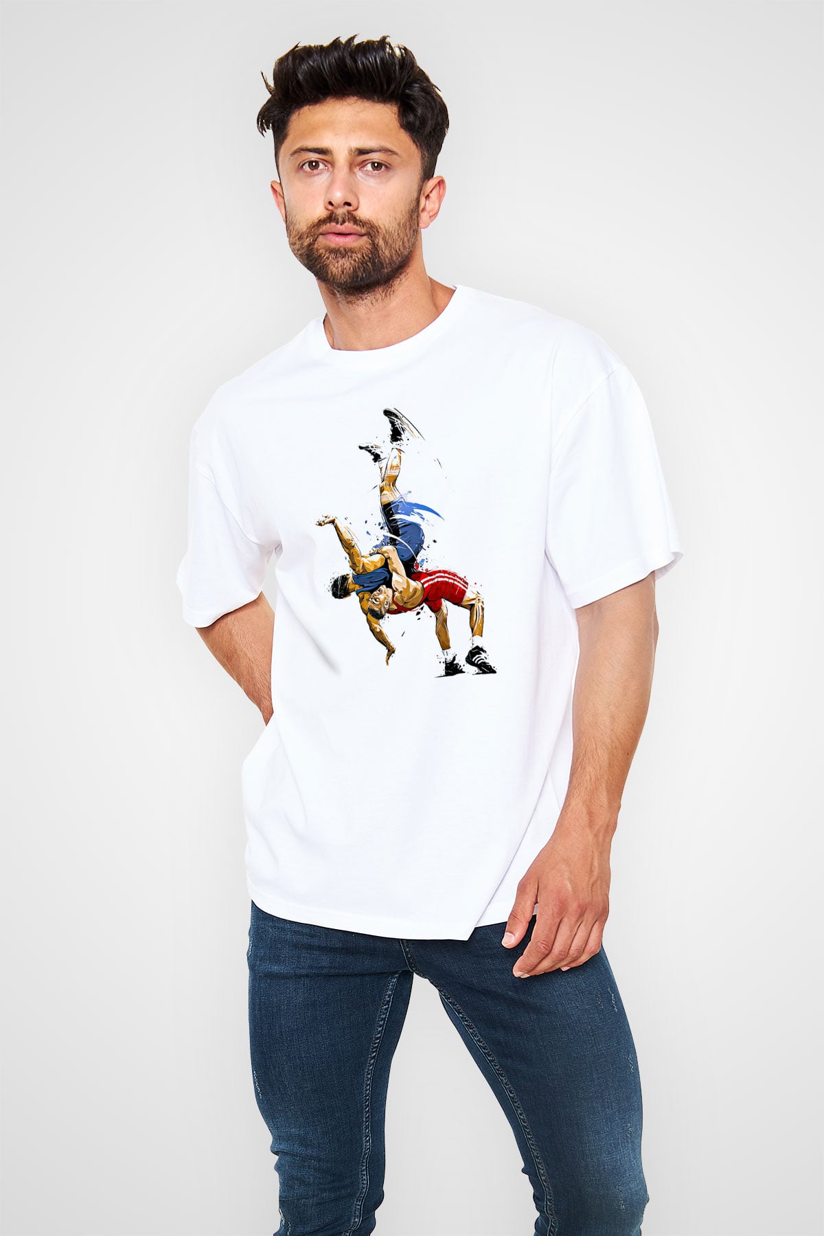 Güreş Baskılı Unisex Beyaz Oversize Tişört - Tshirt