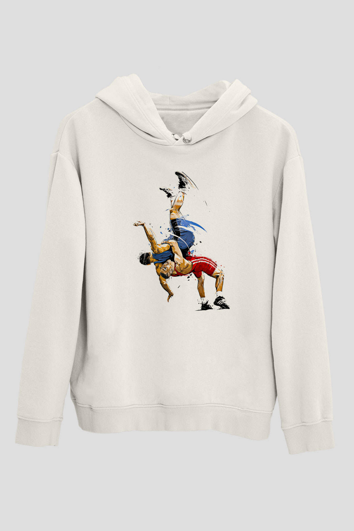 Güreş Baskılı Unisex Ekru Hoodie