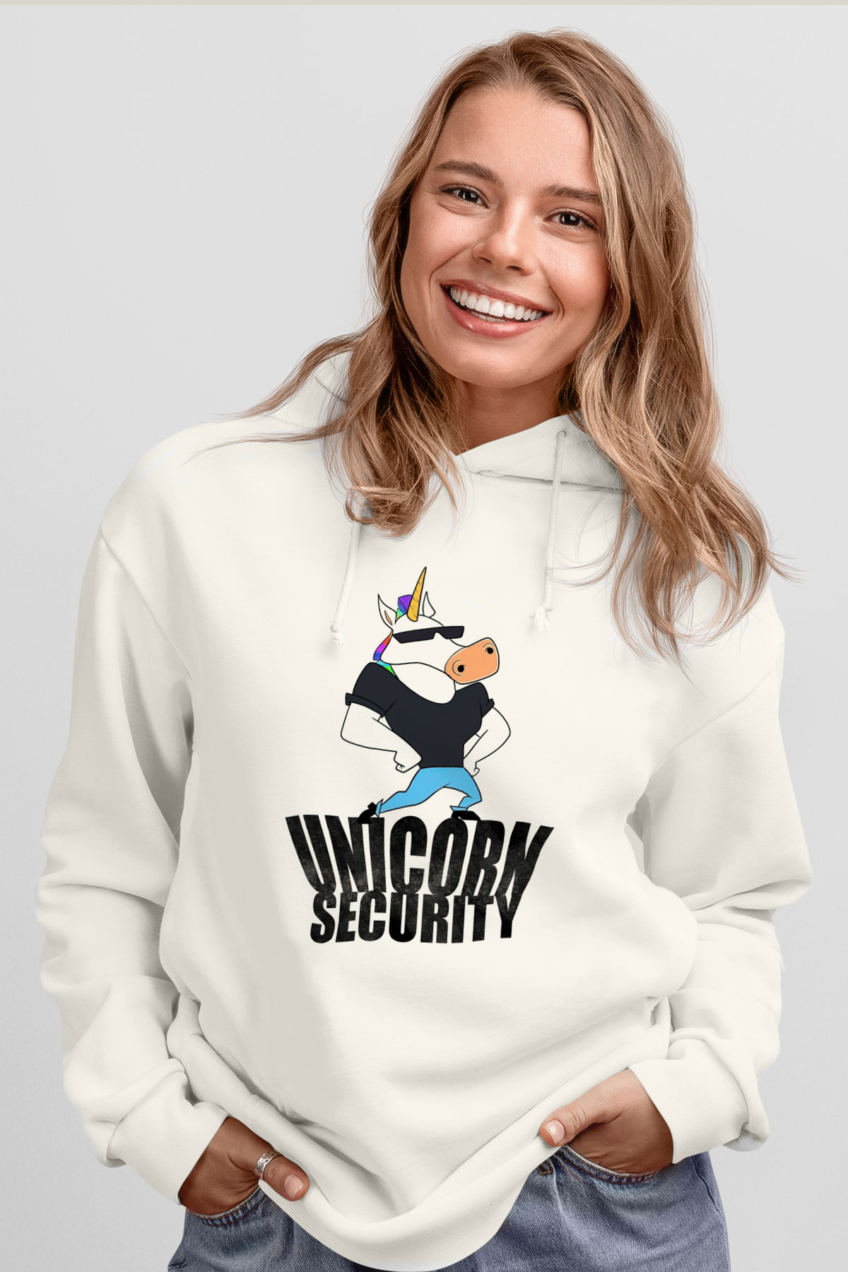 Güvenlik Beyaz Unisex Kapüşonlu Sweatshirt