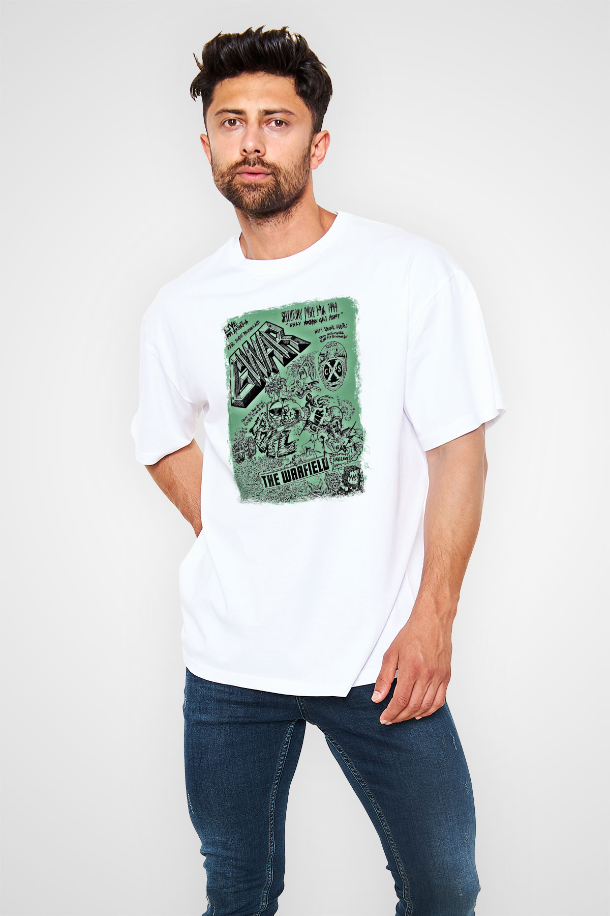 Gwar Baskılı Unisex Beyaz Oversize Tişört