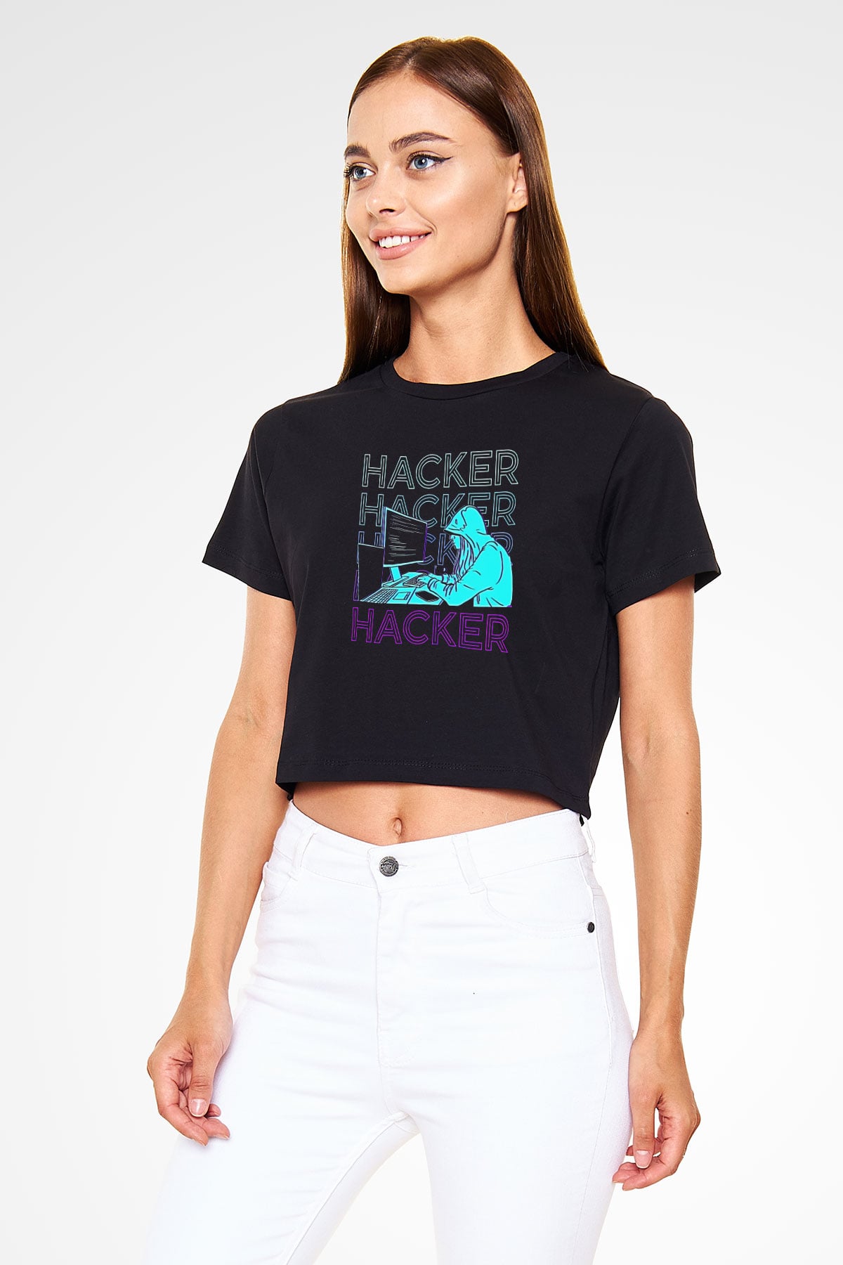 Hacker Baskılı Siyah Crop Top Kadın Tişört - Tshirt
