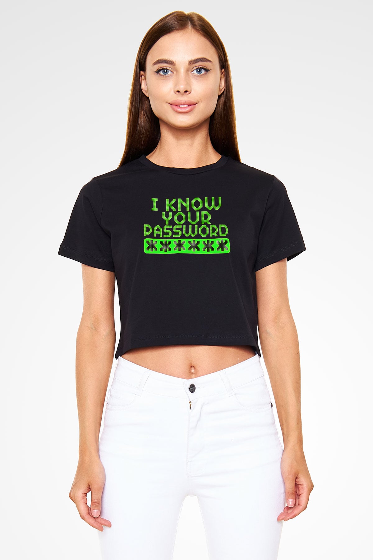 Hacker Baskılı Siyah Crop Top Kadın Tişört - Tshirt
