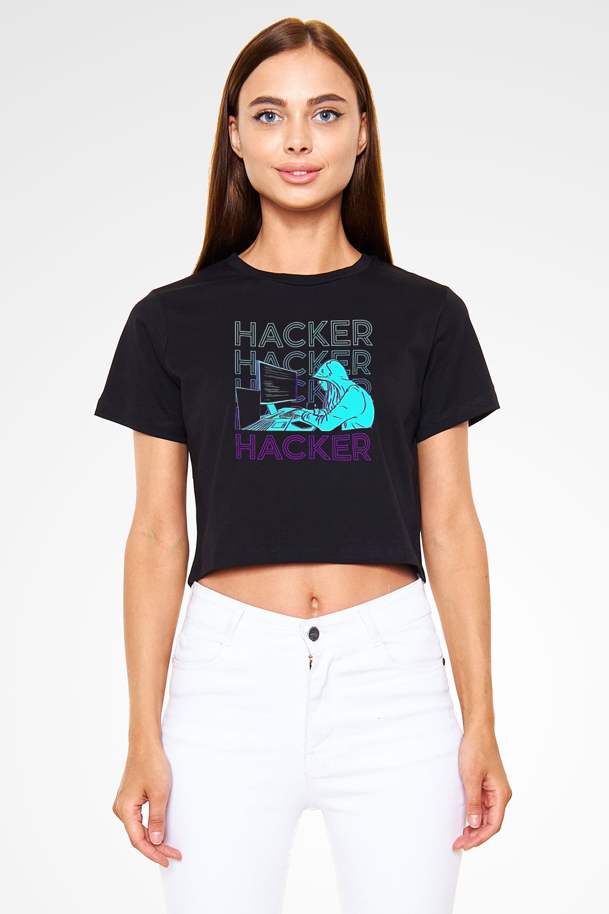 Hacker Baskılı Siyah Crop Top Kadın Tişört - Tshirt