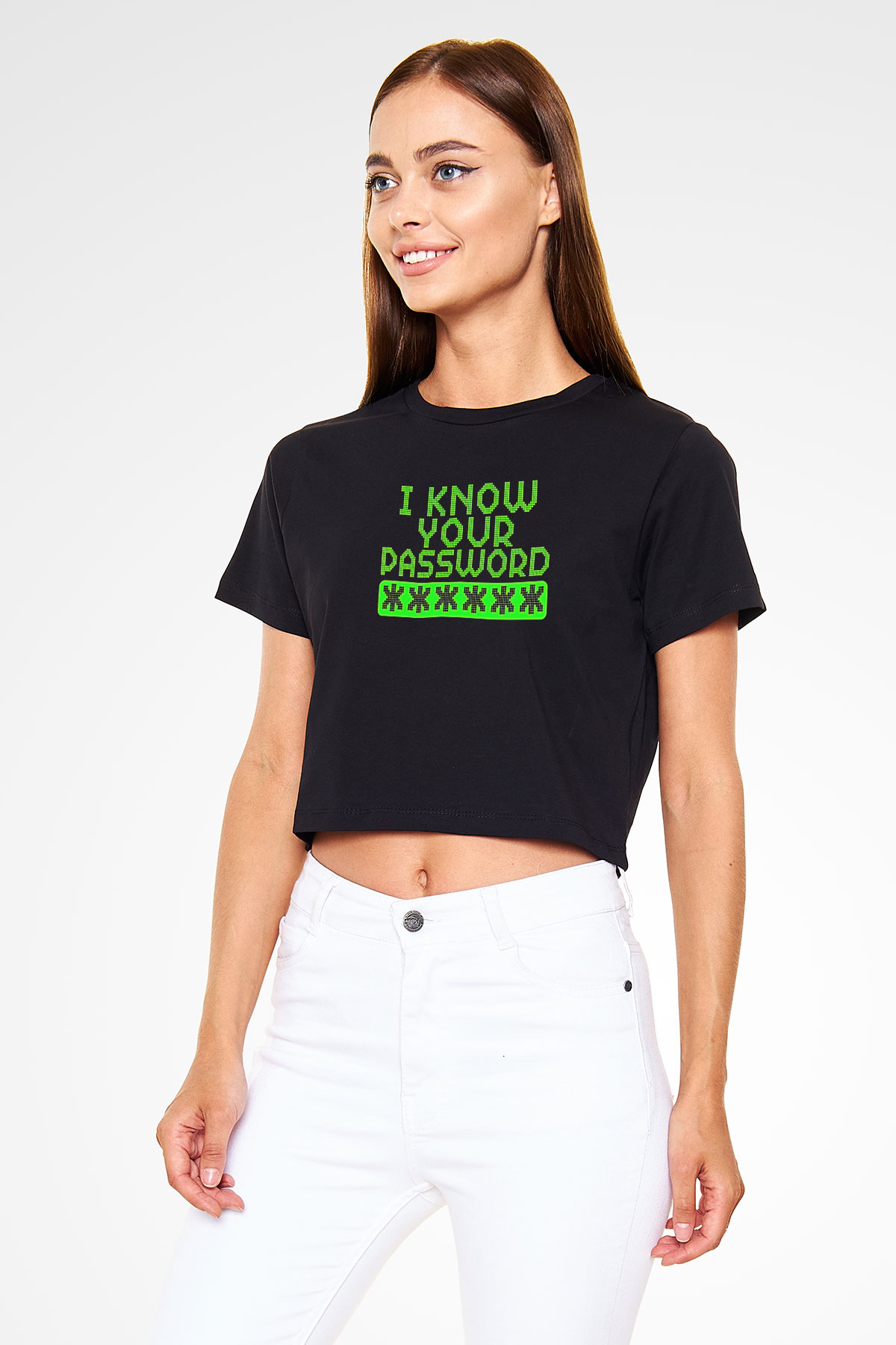 Hacker Baskılı Siyah Crop Top Kadın Tişört - Tshirt